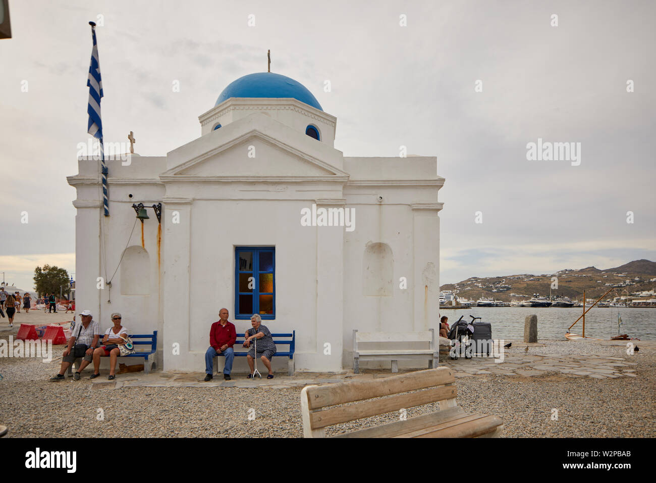 Mykonos, Mikonos isola greca, parte delle cicladi grecia. landmark Agios Nikolaos chiesa piccola chiesa in porto Foto Stock