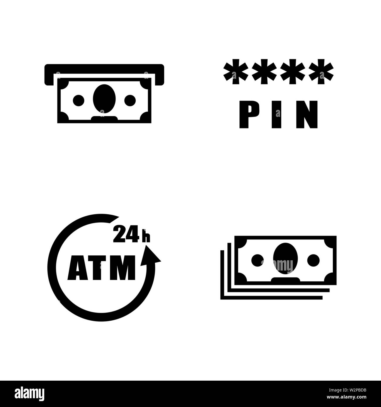 Atm. Semplice vettore relativi set di icone per i video, applicazioni mobili e siti Web, stampare progetti e il vostro design. Piatto nero illustrazione su sfondo bianco. Illustrazione Vettoriale