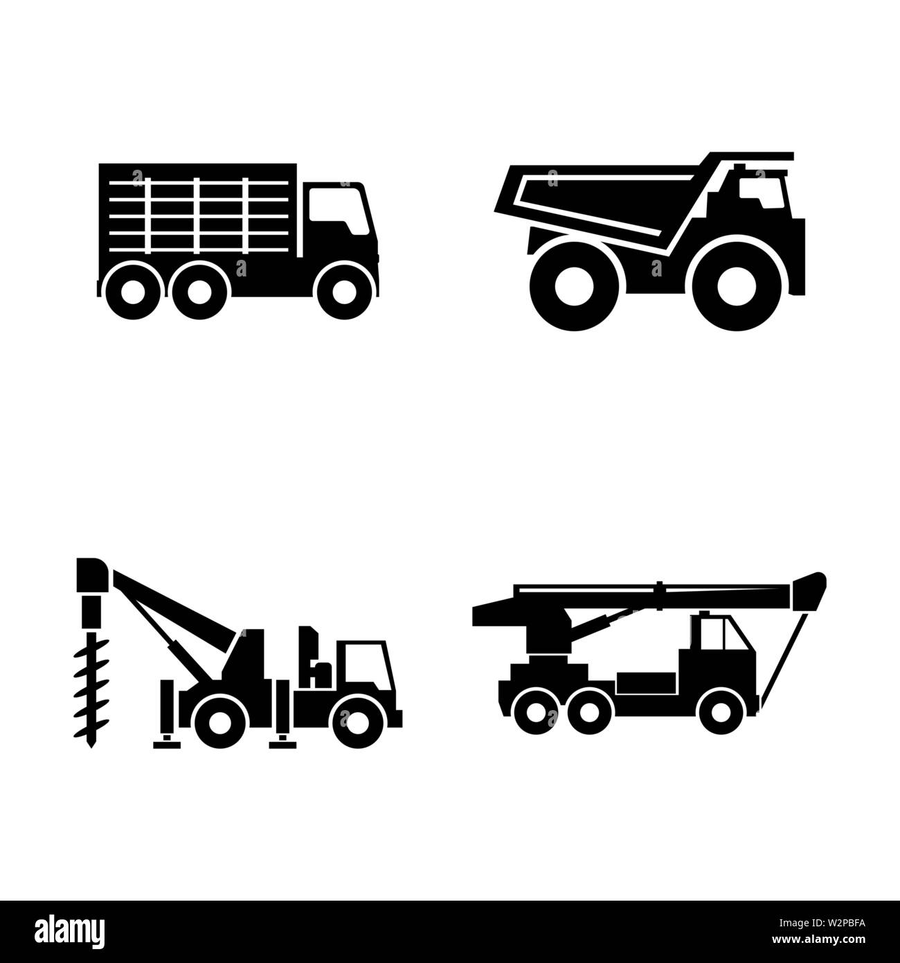 I veicoli per la costruzione. Semplice vettore relativi set di icone per i video, applicazioni mobili e siti Web, stampare progetti e il vostro design. Piatto nero illustrazione a W Illustrazione Vettoriale