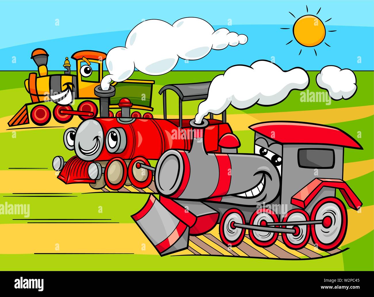 Illustrazione del fumetto di divertenti vapore locomotiva a motore trasporto ferroviario gruppo di caratteri Illustrazione Vettoriale