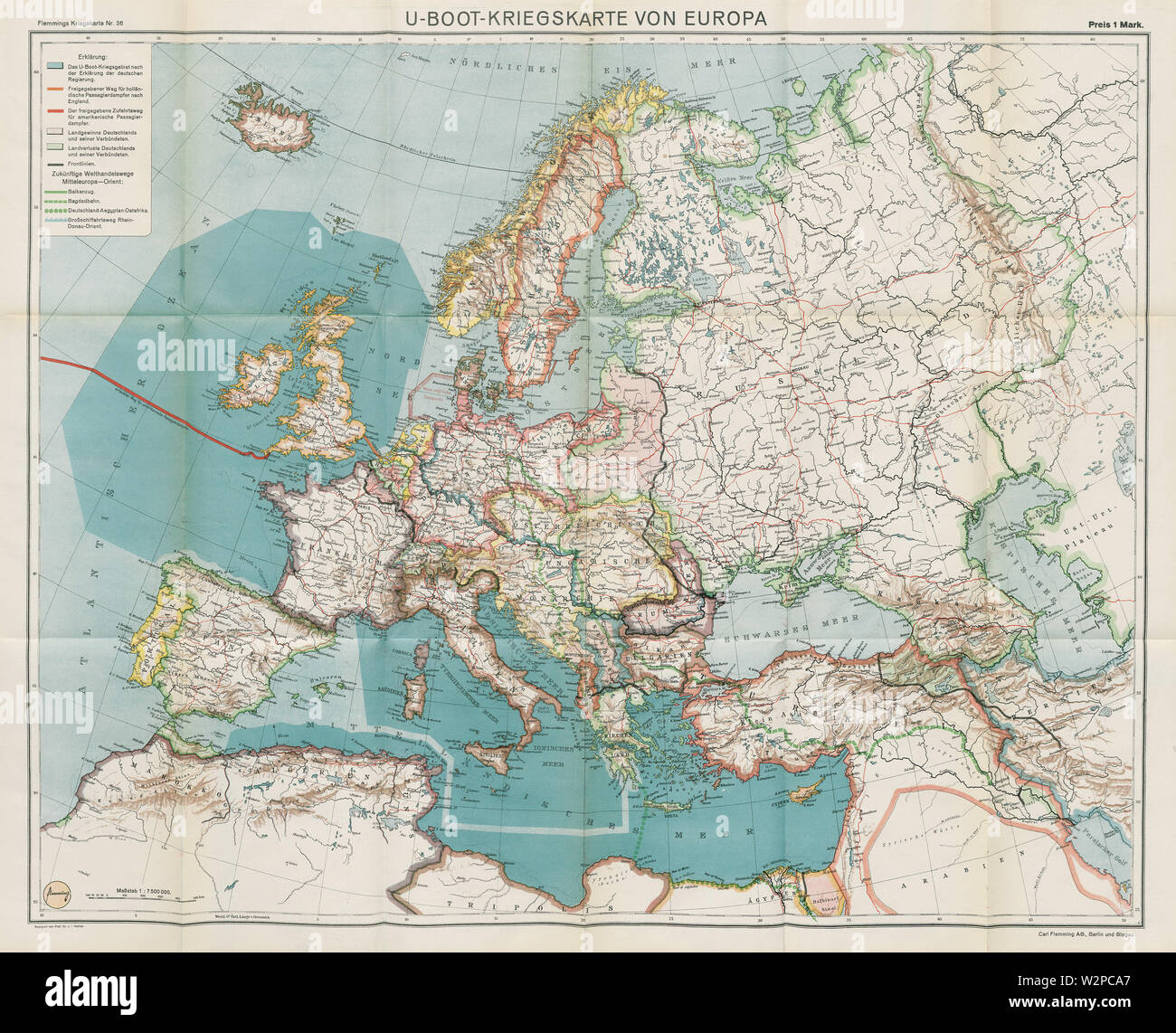 36-U-Boot-Kriegskarte von Europa (1916) Foto Stock