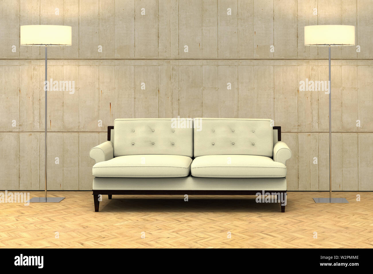 3D rendering di una parete vuota su un moderno appartamento con un divano Foto Stock