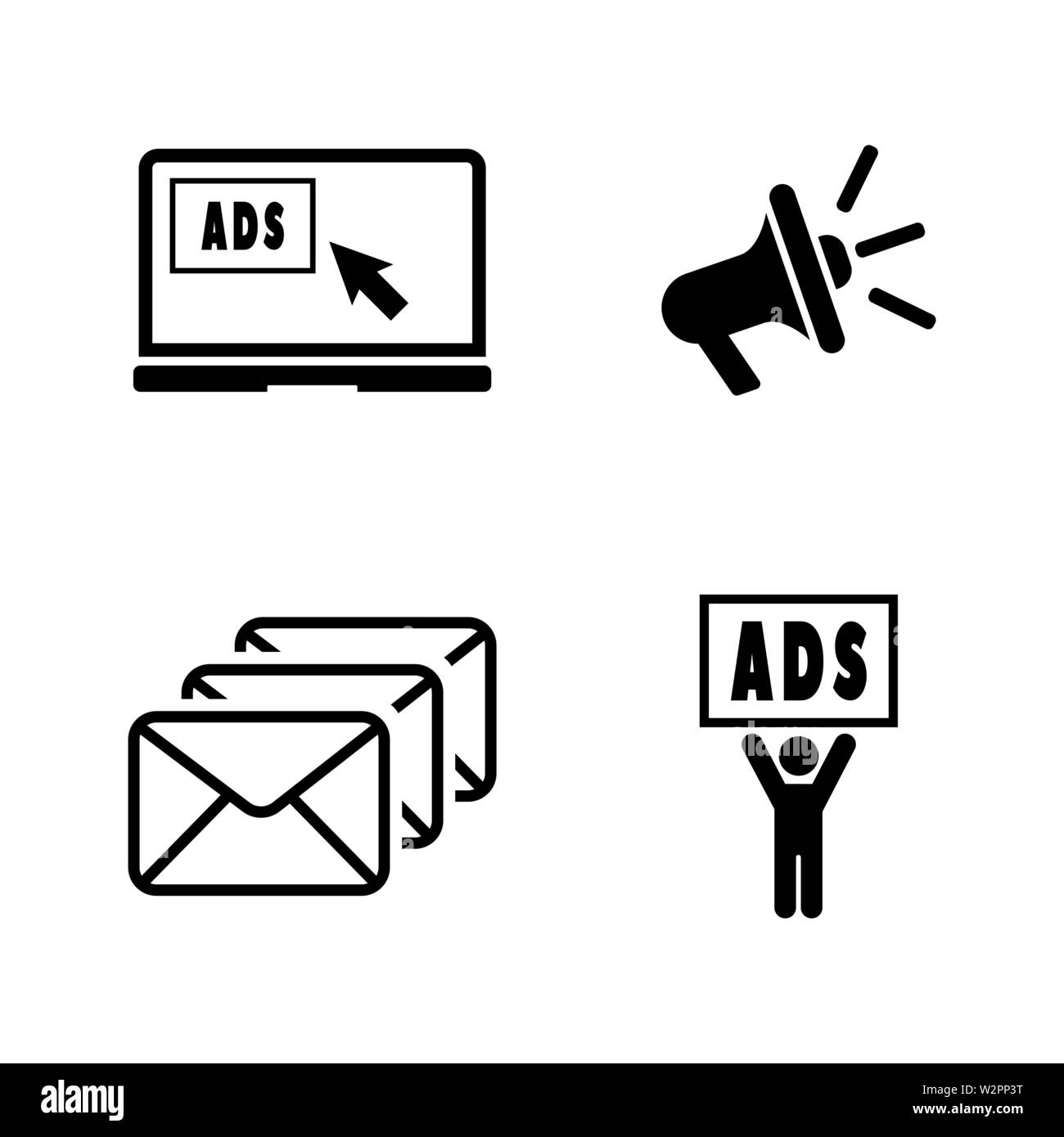 Fare pubblicità a. Semplice vettore relativi set di icone per i video, applicazioni mobili e siti Web, stampare progetti e il vostro design. Piatto nero illustrazione su bianco Backgro Illustrazione Vettoriale