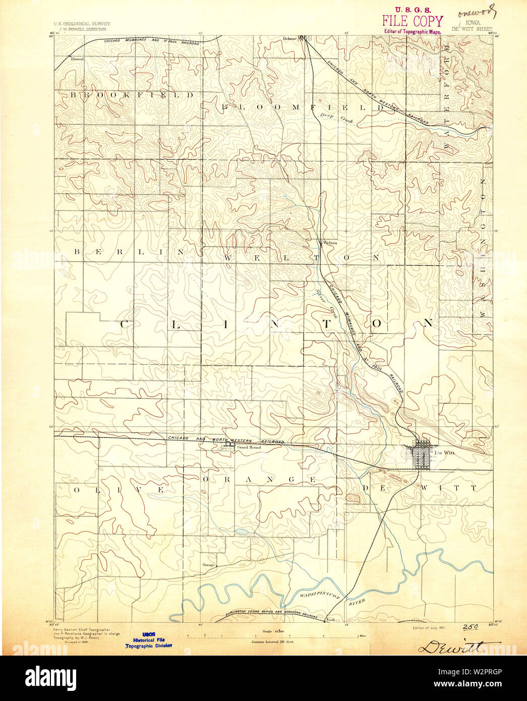 USGS mappe TOPO Iowa IA DeWitt 174512 1891 62500 Restauro Foto Stock