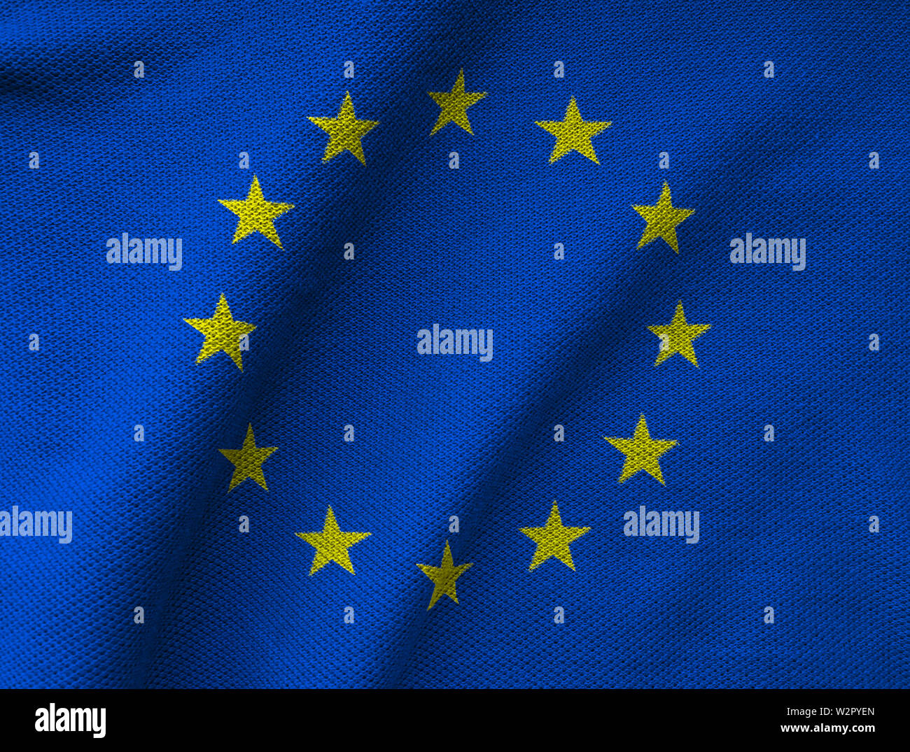 La bandiera dell'UE stampata su una superficie strutturata jersey tessuto a maglia. Unione europea sullo sfondo Foto Stock