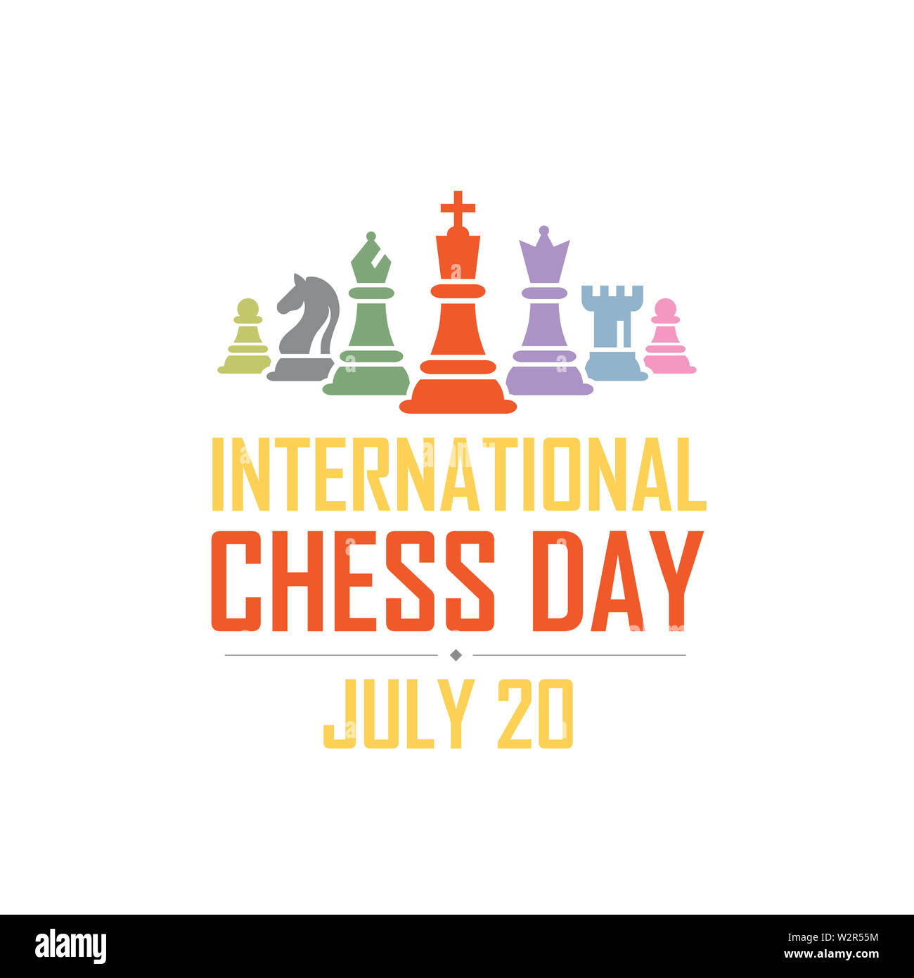 Internazionale di scacchi colorati giorno illustrazione vettoriale su sfondo bianco. Scacchi illustrazione vettoriale. Figurina compresi King, Queen, Vescovo, Cavaliere, R Foto Stock