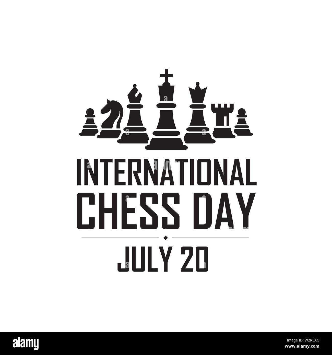 Internazionale di Scacchi nero giorno illustrazione vettoriale su sfondo bianco. Scacchi illustrazione vettoriale. Figurina compresi King, Queen, Vescovo, Cavaliere, Rook Foto Stock