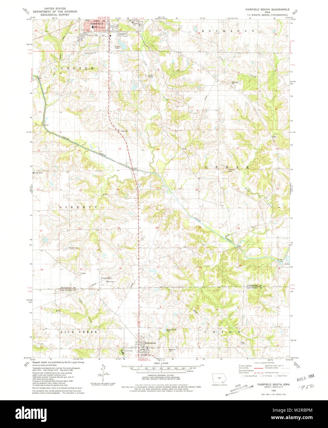 USGS mappe TOPO Iowa IA Fairfield Sud 174643 1980 24000 Restauro Foto Stock