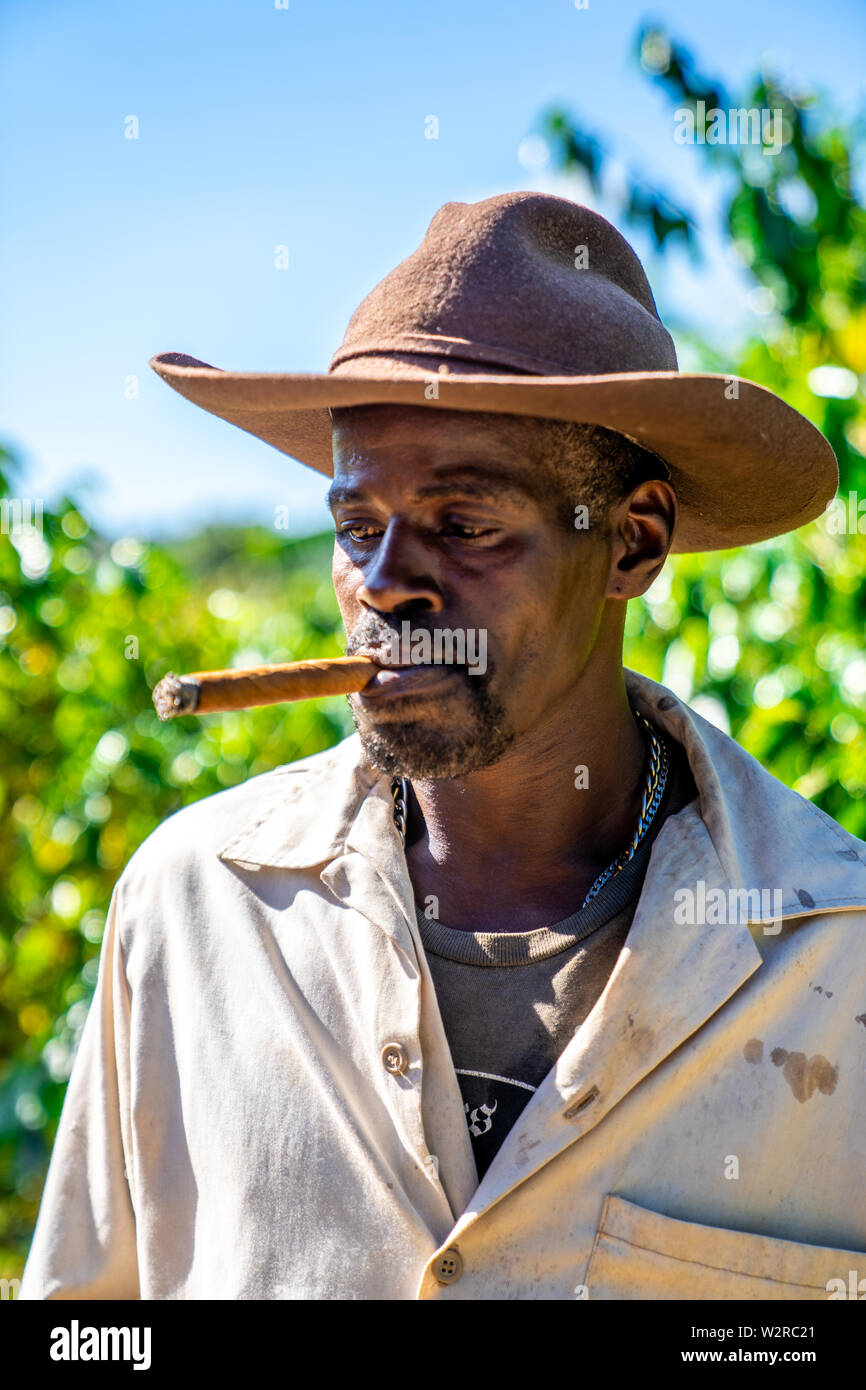 Viñales Cuba - Gennaio 3, 2019 - un cubano ranchero (cowboy) si prende una pausa dal suo tour guidato e fuma un fatti a mano sigaro cubano. Foto Stock