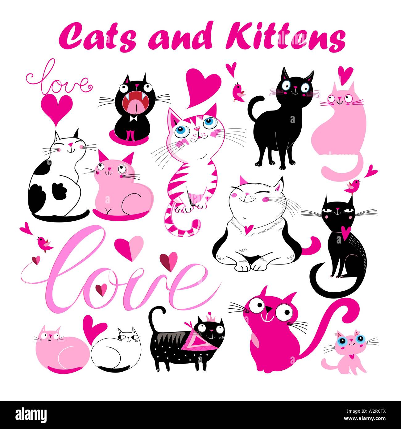 Set di vettore di simpatici gattini e gatti con cuori Illustrazione Vettoriale