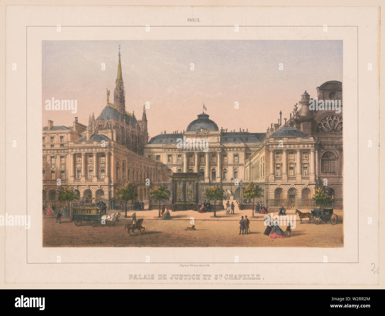 Parigi. Palais de Justice et Ste. Chapelle; stampa mostra un livello strada vista del Palais de Justice e Sainte-Chapelle, Parigi, Francia, con pedoni e pullman sulla strada in primo piano. Foto Stock