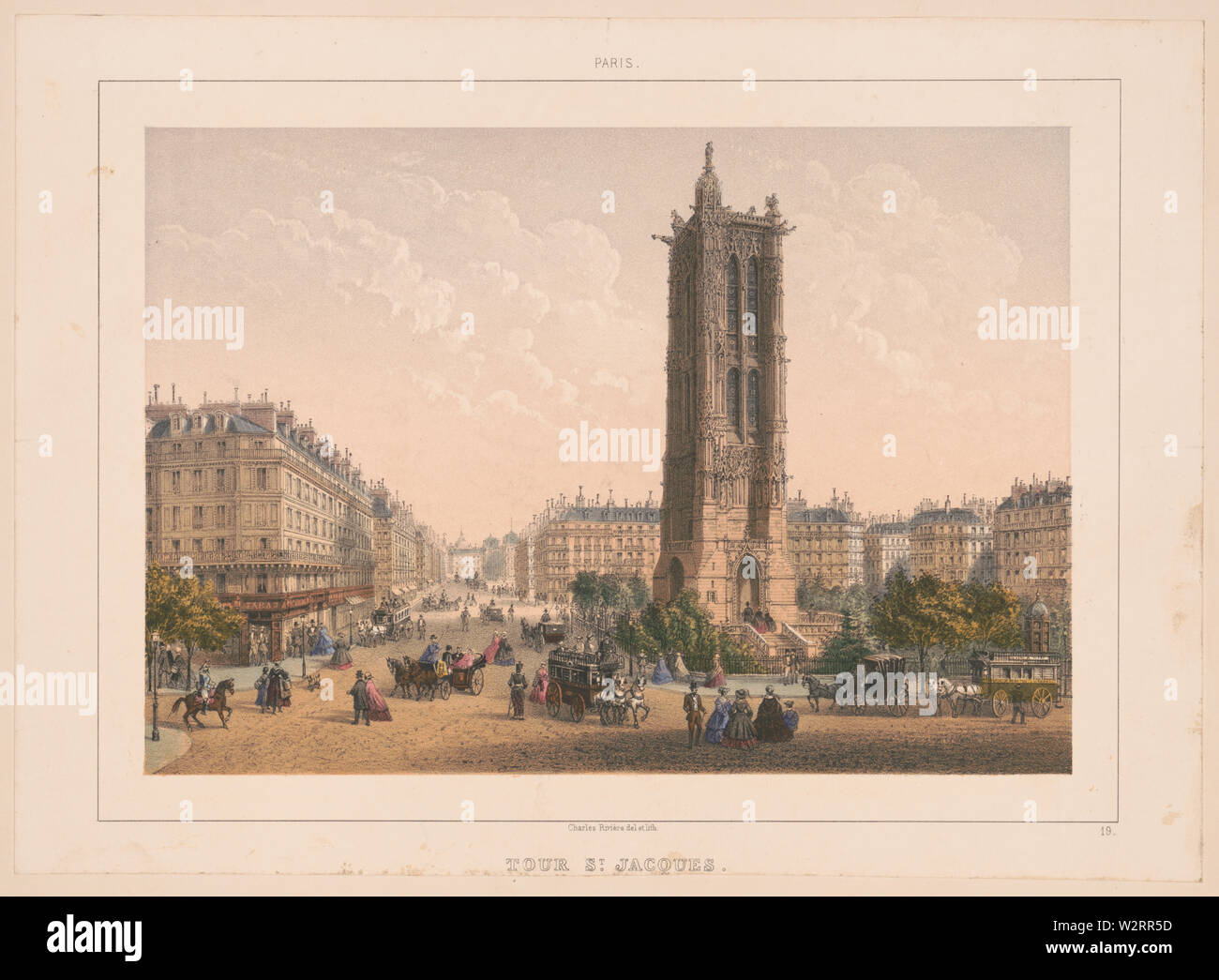 Parigi. Tour di San Jacques; stampa mostra un livello di street view di Tour Saint-Jacques, Parigi, Francia, con carrelli, allenatori e pedoni nelle strade intorno alla piazza alla base della torre. Foto Stock