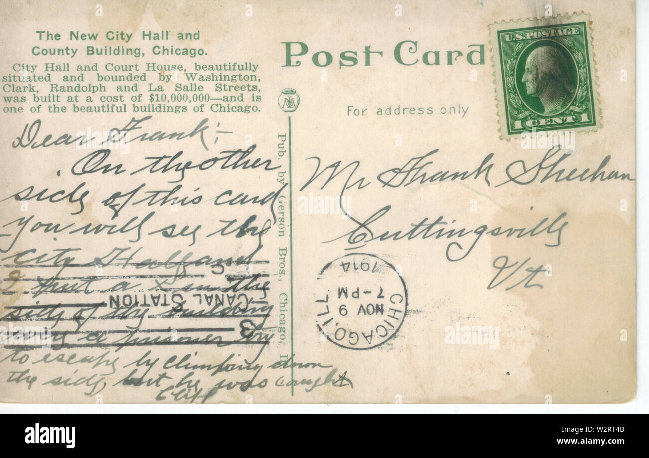 Chicago City Hall spedizione stampigliato Novembre 9, 1914 cartolina (retro) Foto Stock