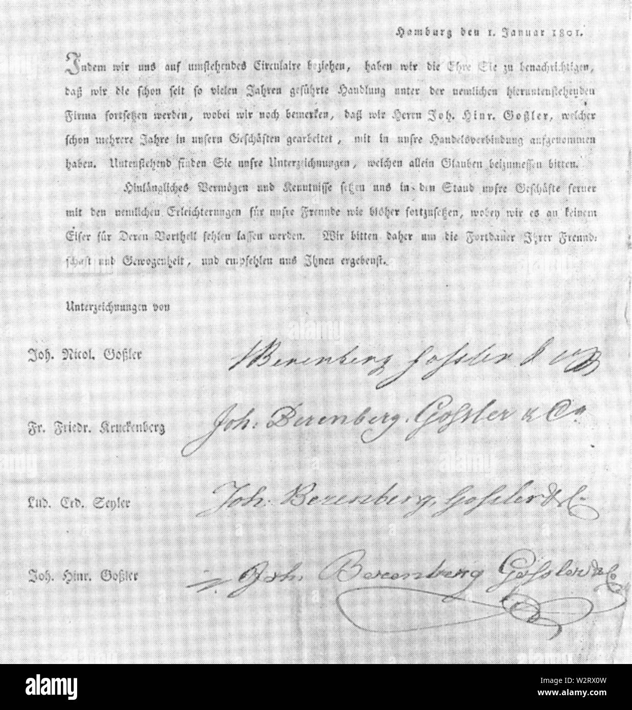 Lettera circolare a Berenberg Banca dipendenti su Johann Hinrich Gossler unendo la società come partner Foto Stock