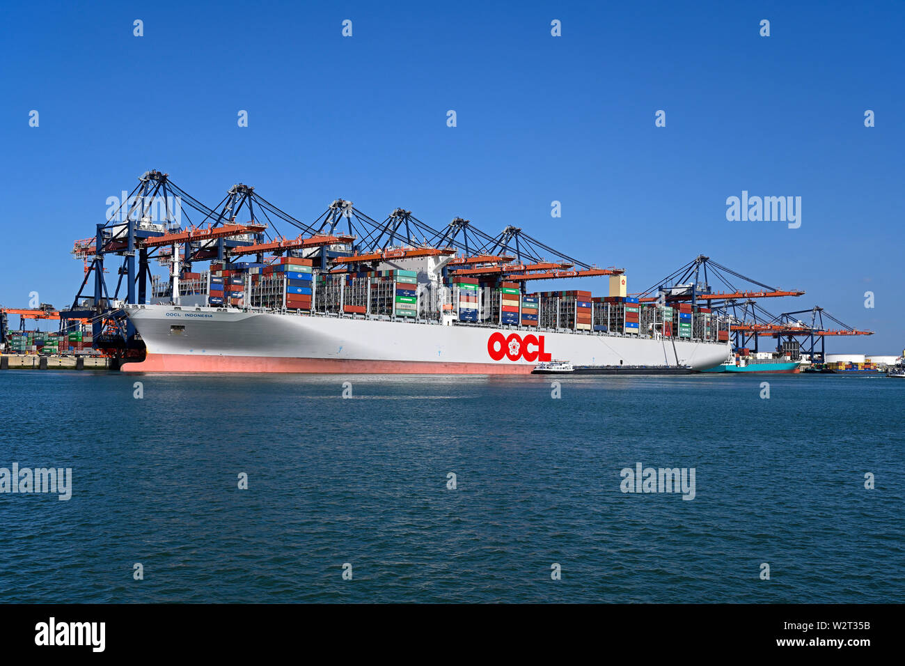Porto di Rotterdam, Zuid Holland/Paesi Bassi - marzo 31, 2018: cinese la nave portacontainer oocl indonesia (imo# 9776224) 21413 TEU caricando e scaricando Foto Stock