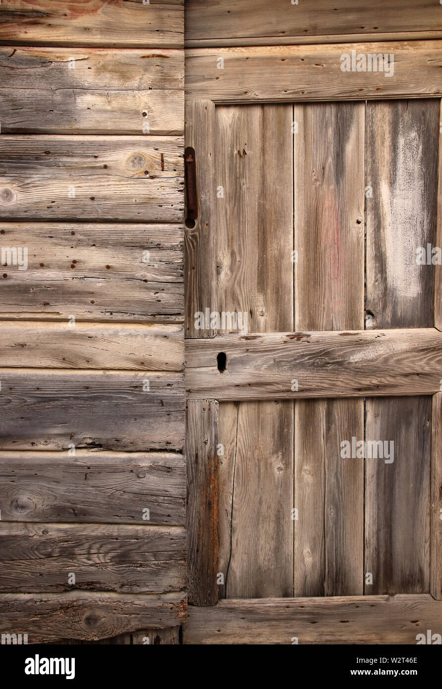 porta di legno in un vecchio capannone ben indossato dal meteo Foto Stock