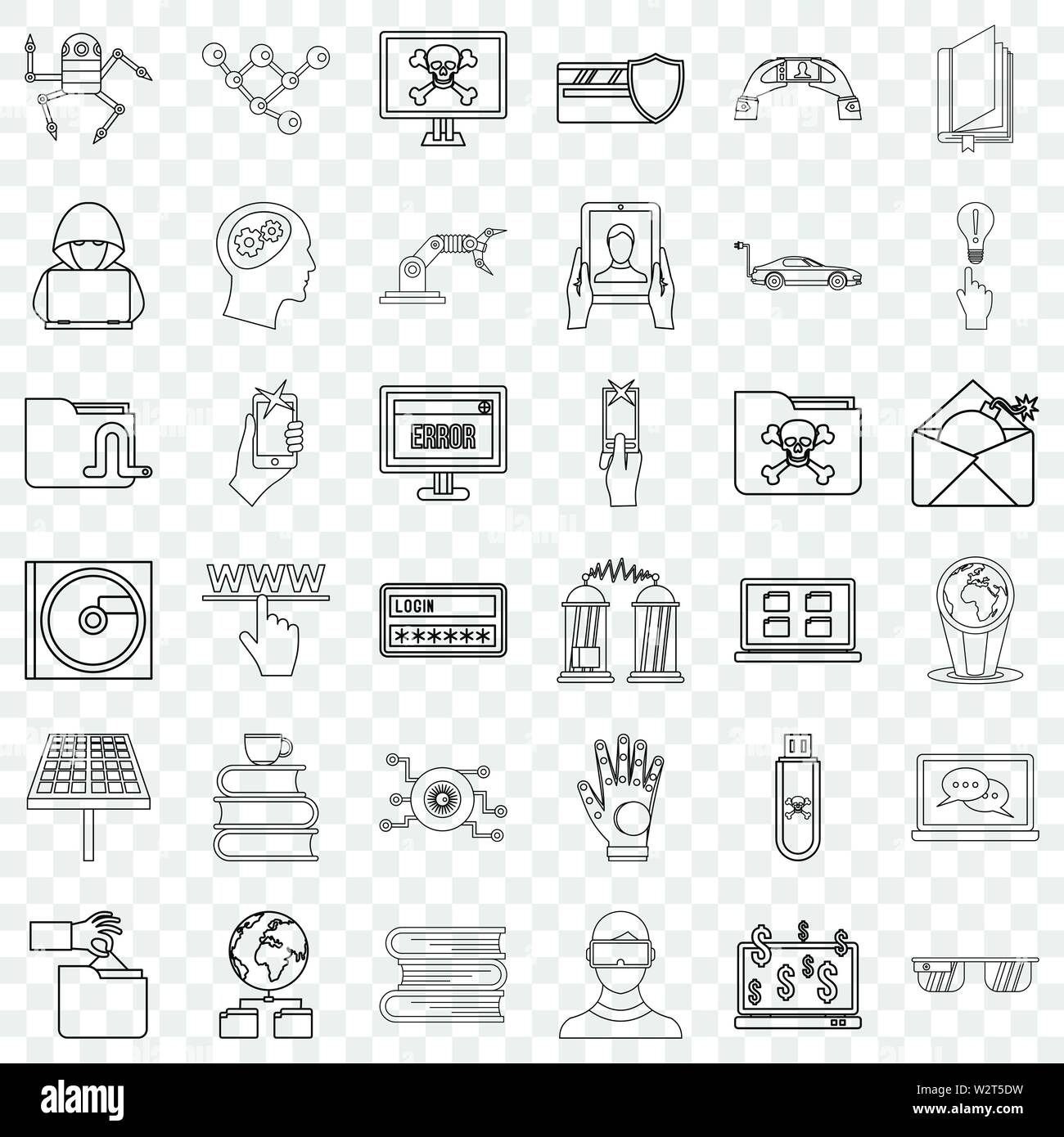 Cyber set di icone di stile di contorno Illustrazione Vettoriale