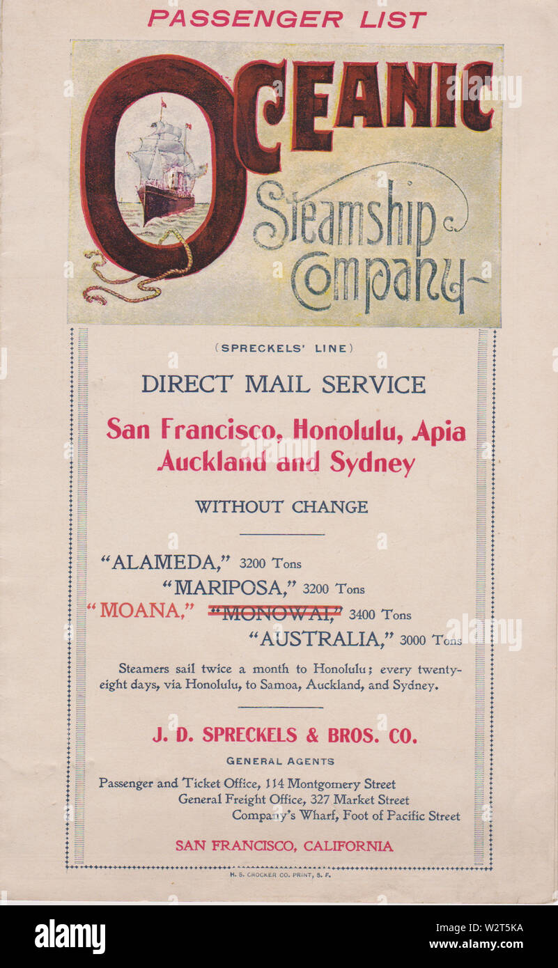 Coprire Oceanic Steamship Company SS Australia lista passeggeri 1899 Foto Stock