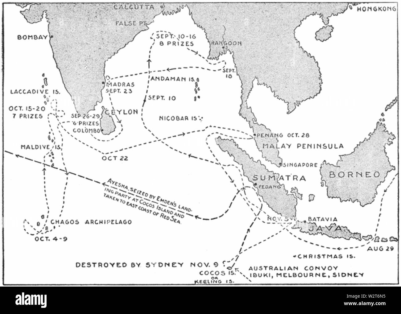 Crociera di Emden 1914 Mappa Foto Stock