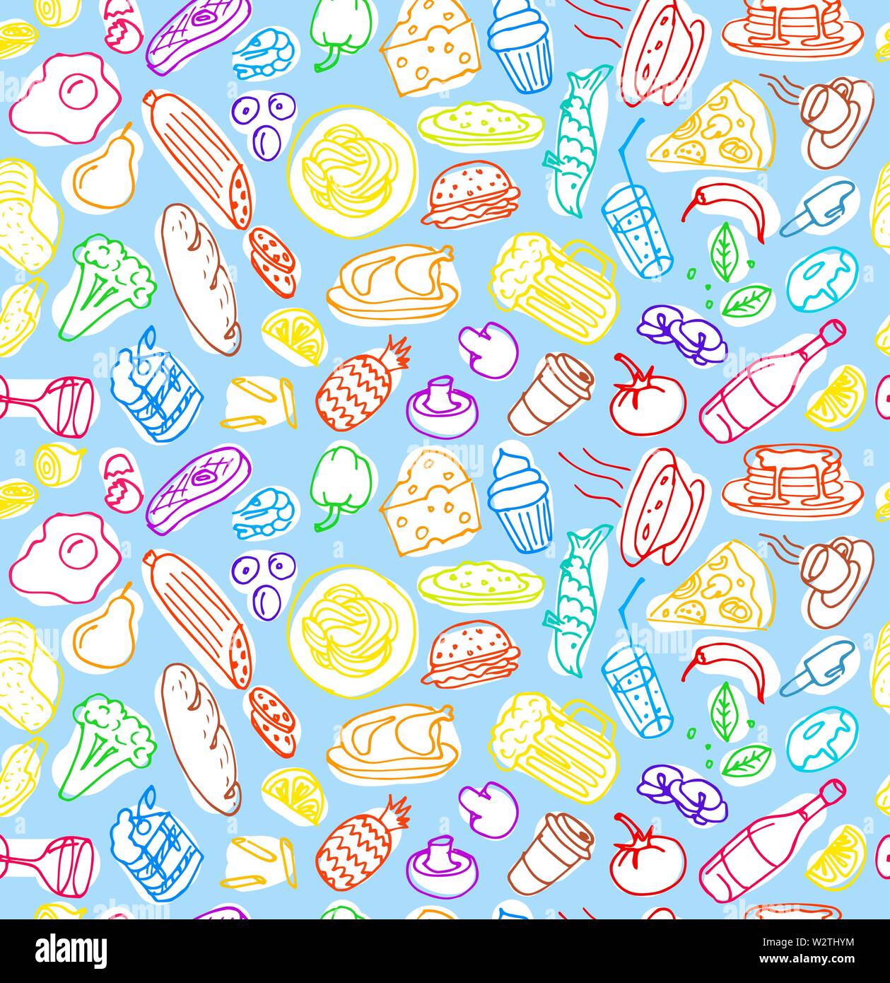 Vari disegnati a mano cucina alimentare doodle contorno disegno colorato seamless pattern su fondo azzurro. Per il disegno vettoriale tecnica di cottura illustrazione Illustrazione Vettoriale