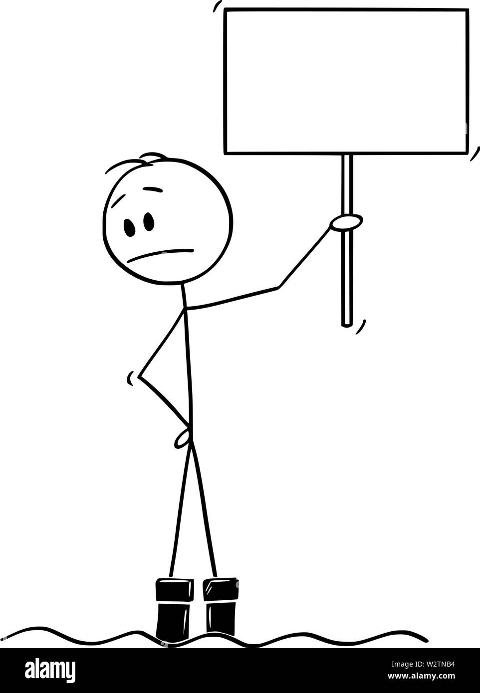 Vector cartoon stick figura disegno illustrazione concettuale dell'uomo in piedi con segno vuoto in acqua alluvione e guardando con preoccupazione come l'acqua continua a salire. Illustrazione Vettoriale