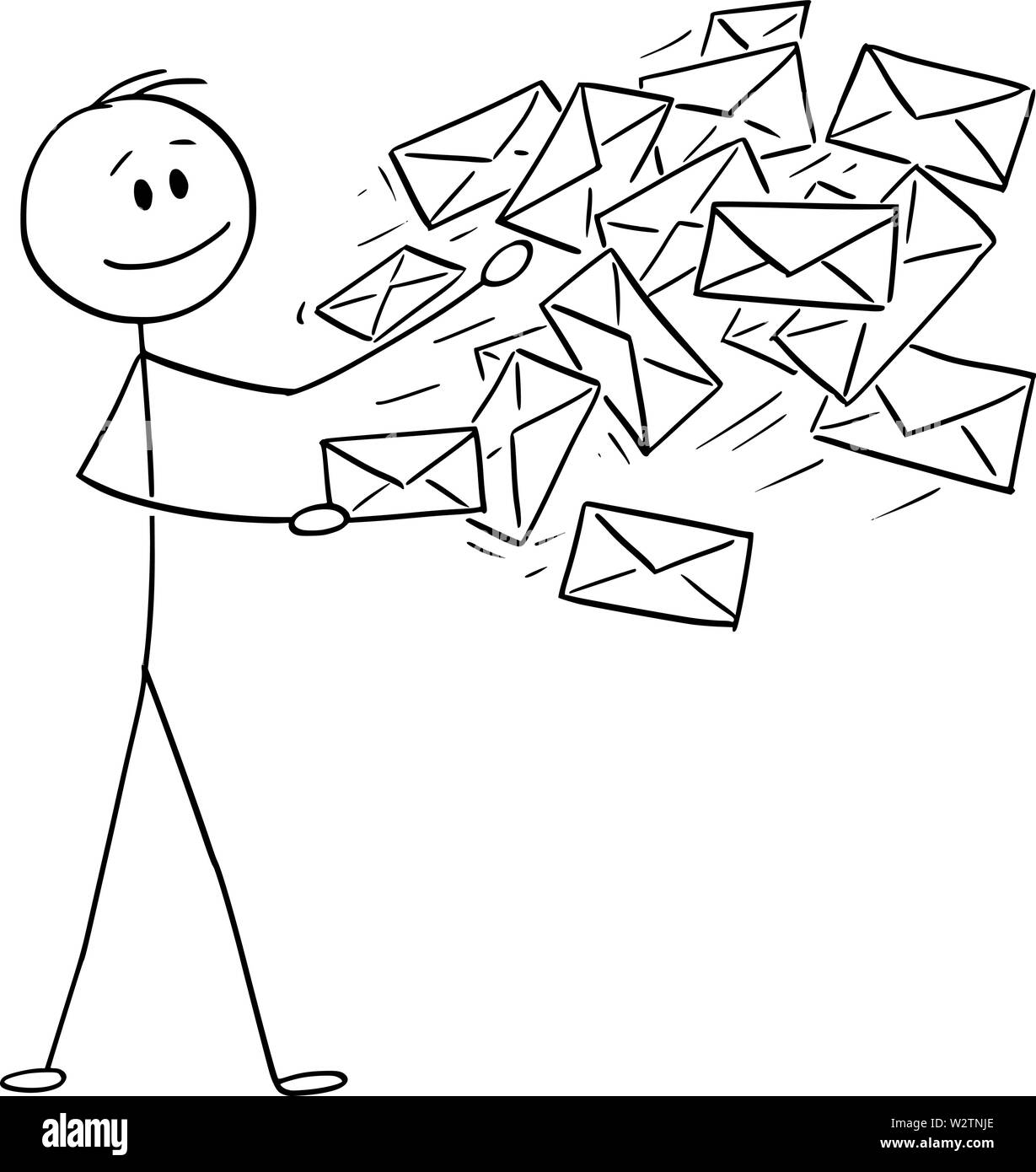 Vector cartoon stick figura disegno illustrazione concettuale di portalettere, uomo o imprenditore invio di posta o le buste della posta. Illustrazione Vettoriale