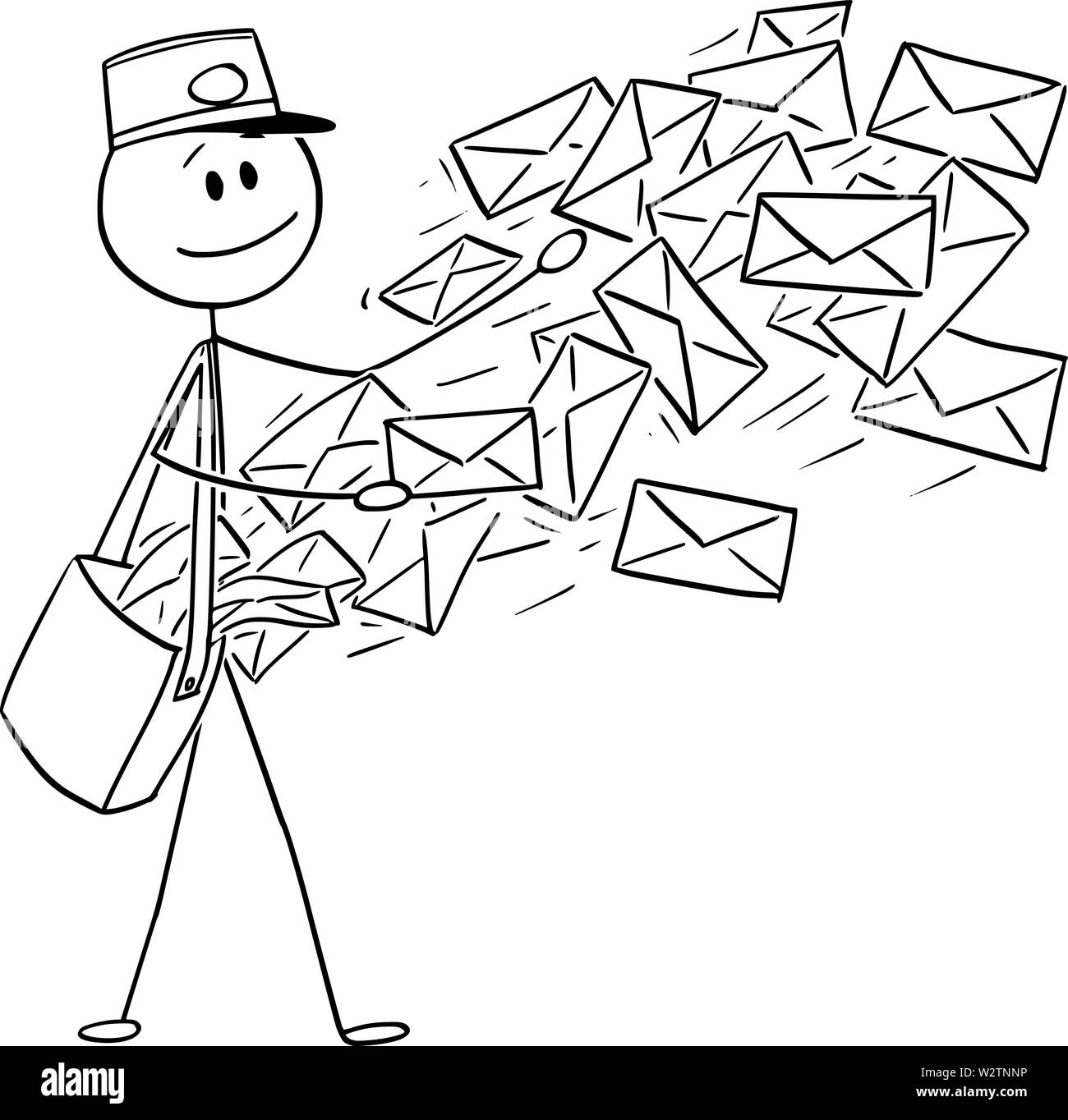 Vector cartoon stick figura disegno illustrazione concettuale di portalettere invio di posta o le buste della posta. Illustrazione Vettoriale