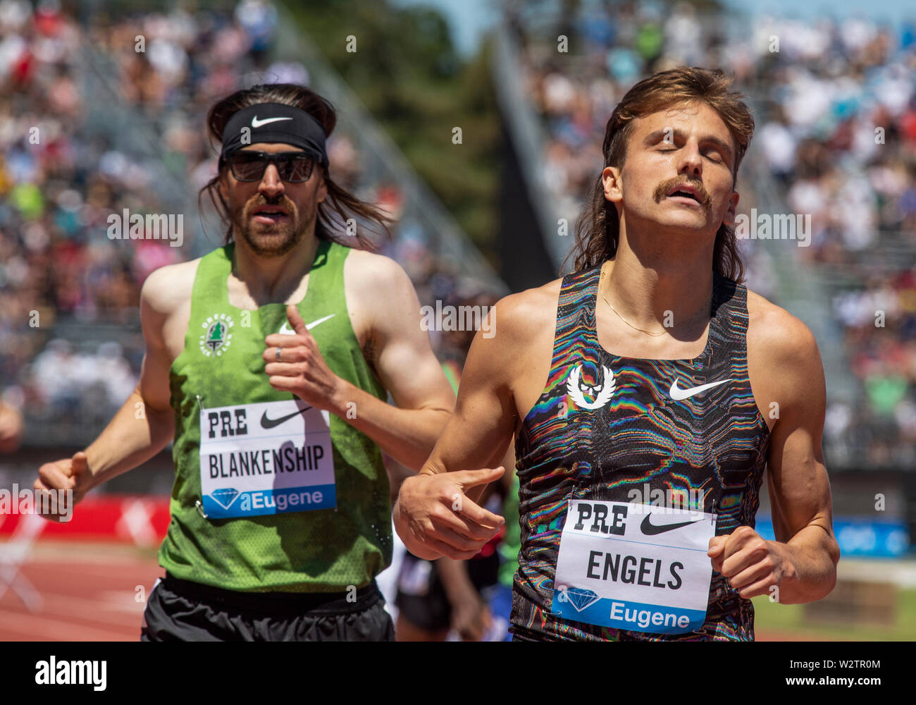 CALIFORNIA - USA - 30 giugno 2019: Ben Blankenship e Craig Engels concorrenti negli uomini 1 miglio Bowerman gara presso la IAAF Diamond League Prefontaine Cl Foto Stock