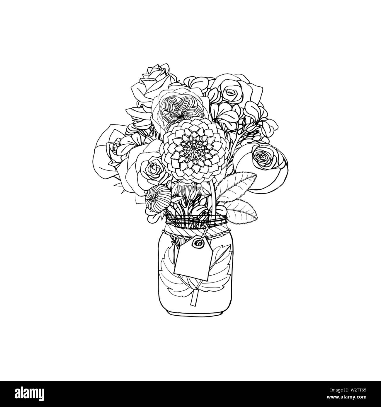 Disegnato a mano stile doodle mazzi di fiori diversi: rose,dahlia,stock fiore. isolato su sfondo bianco. stock illustrazione vettoriale Illustrazione Vettoriale