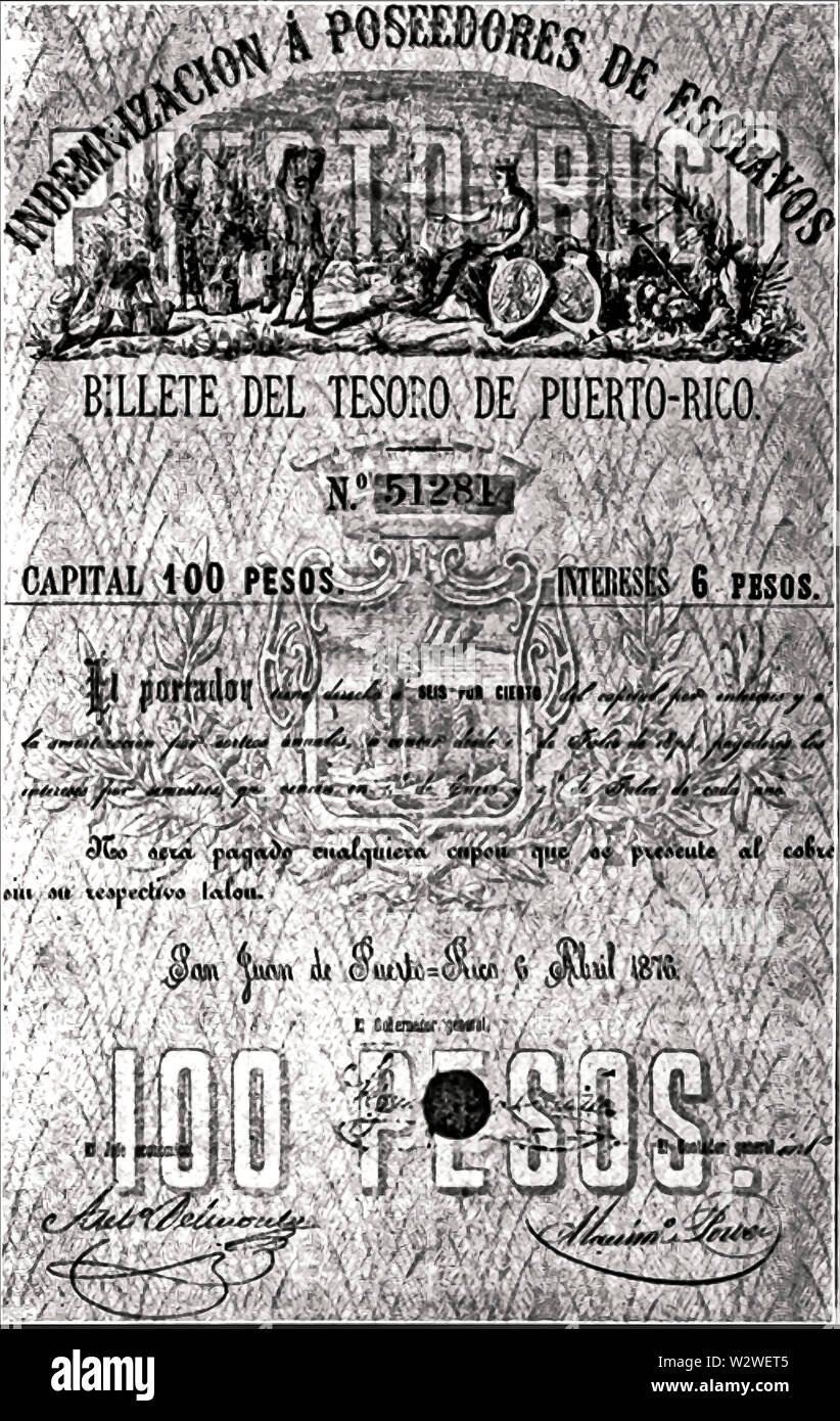 Legame di indennità versate a titolo di risarcimento per gli ex proprietari di schiavi liberati come compensazione. Il 22 marzo 1873, lo spagnolo Assemblea Nazionale finalmente abolito la schiavitù in Puerto Rico. I proprietari sono indennizzati e gli schiavi erano necessarie per continuare a lavorare per altri tre anni. Immagine anche trovati in LOC: Foto Stock