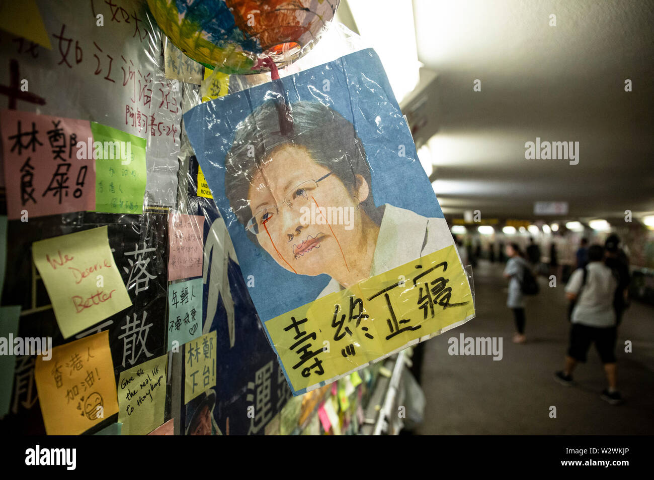 Hong Kong, Cina. 10 Luglio, 2019. Un Carrie Lam fotografia visto sul 'Lennon Wall' all'interno del tunnel in Tai Po distretto. Centinaia di migliaia di manifestanti hanno preso il via in giugno per chiedere il ritiro totale della legge in materia di estradizione e di sollecitare Chief Executive Carrie Lam per scendere dal potere. Credito: SOPA Immagini limitata/Alamy Live News Foto Stock