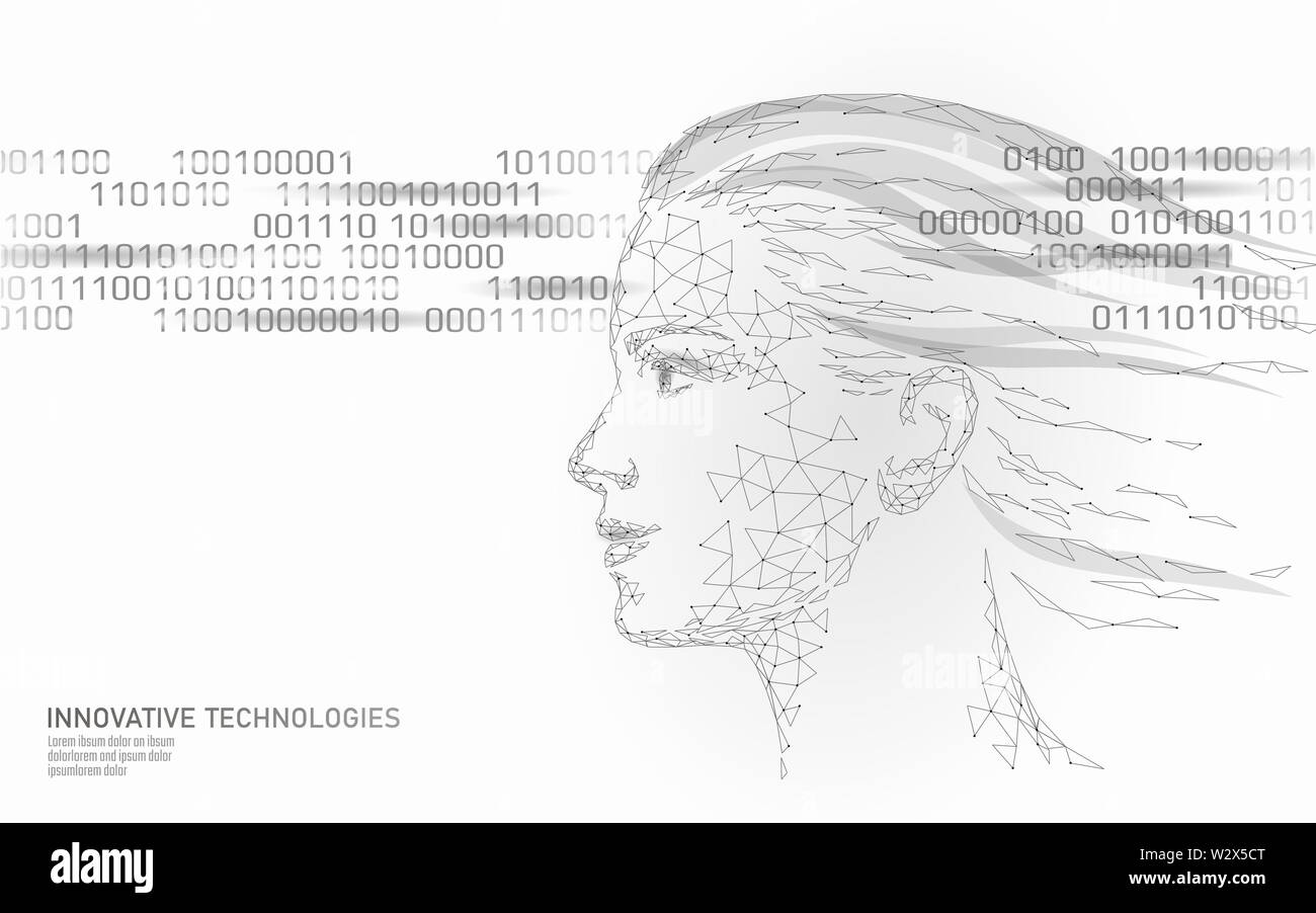 Bassa poli femmina faccia umana identificazione biometrica. Sistema di riconoscimento del concetto. Dati personali accesso sicuro la scansione di innovazione tecnologica. 3D Illustrazione Vettoriale