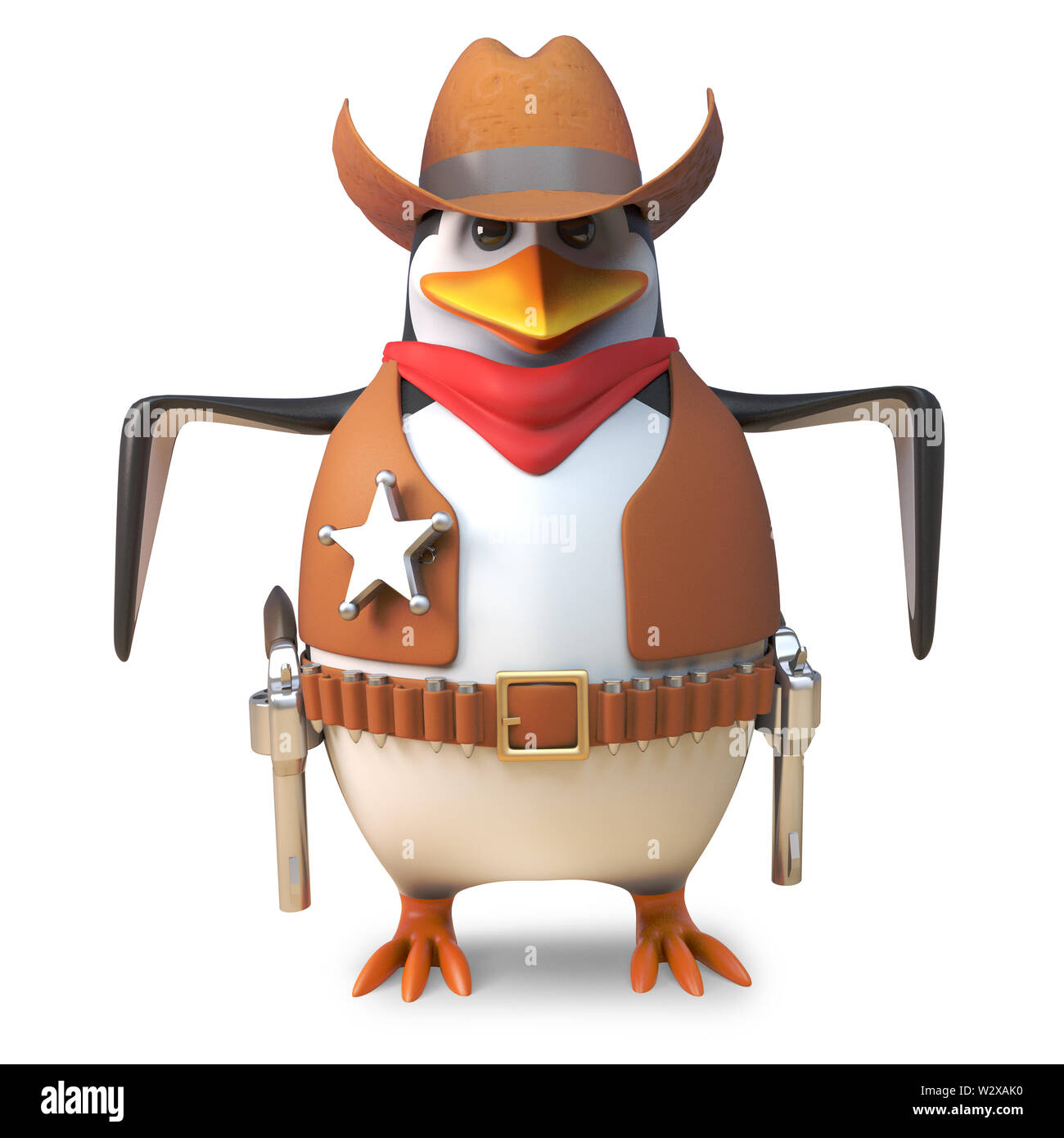 Brave sheriff penguin il selvaggio west cowboy pronto a quick draw in una pistola di battaglia, 3D render illustrazione Foto Stock