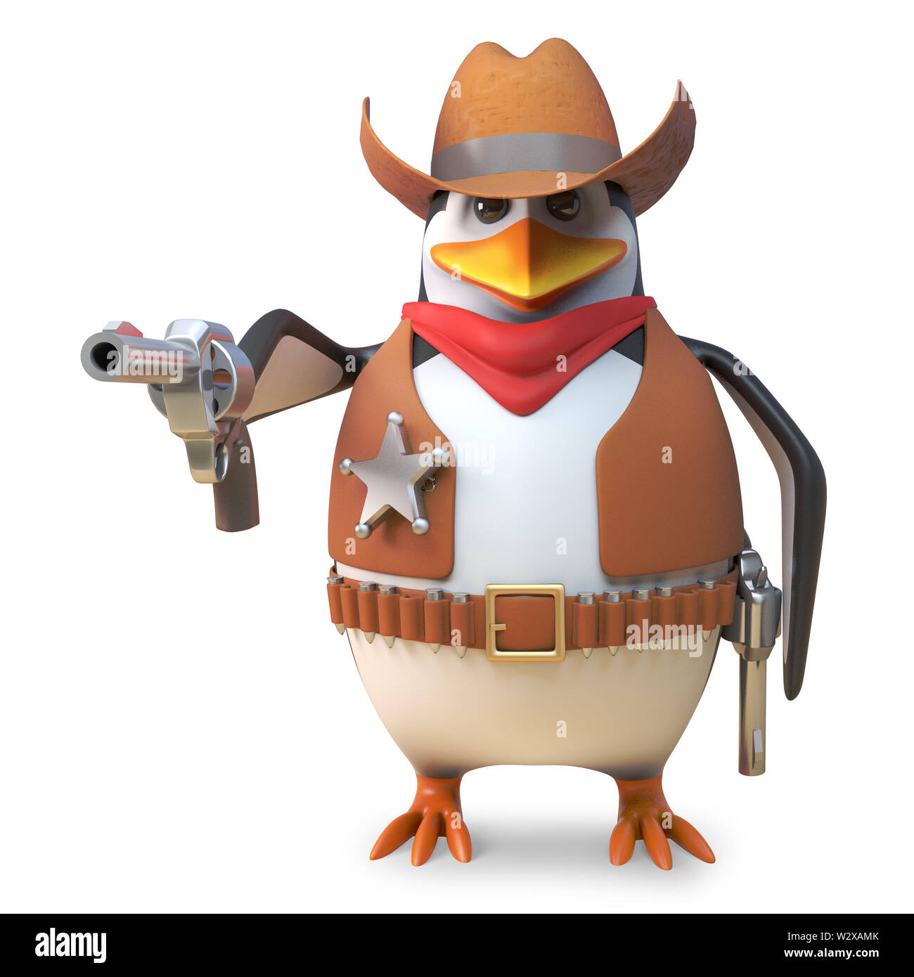 Sharpshooter sheriff penguin cartoon cowboy mira la sua pistola con una precisione letale, 3D render illustrazione Foto Stock
