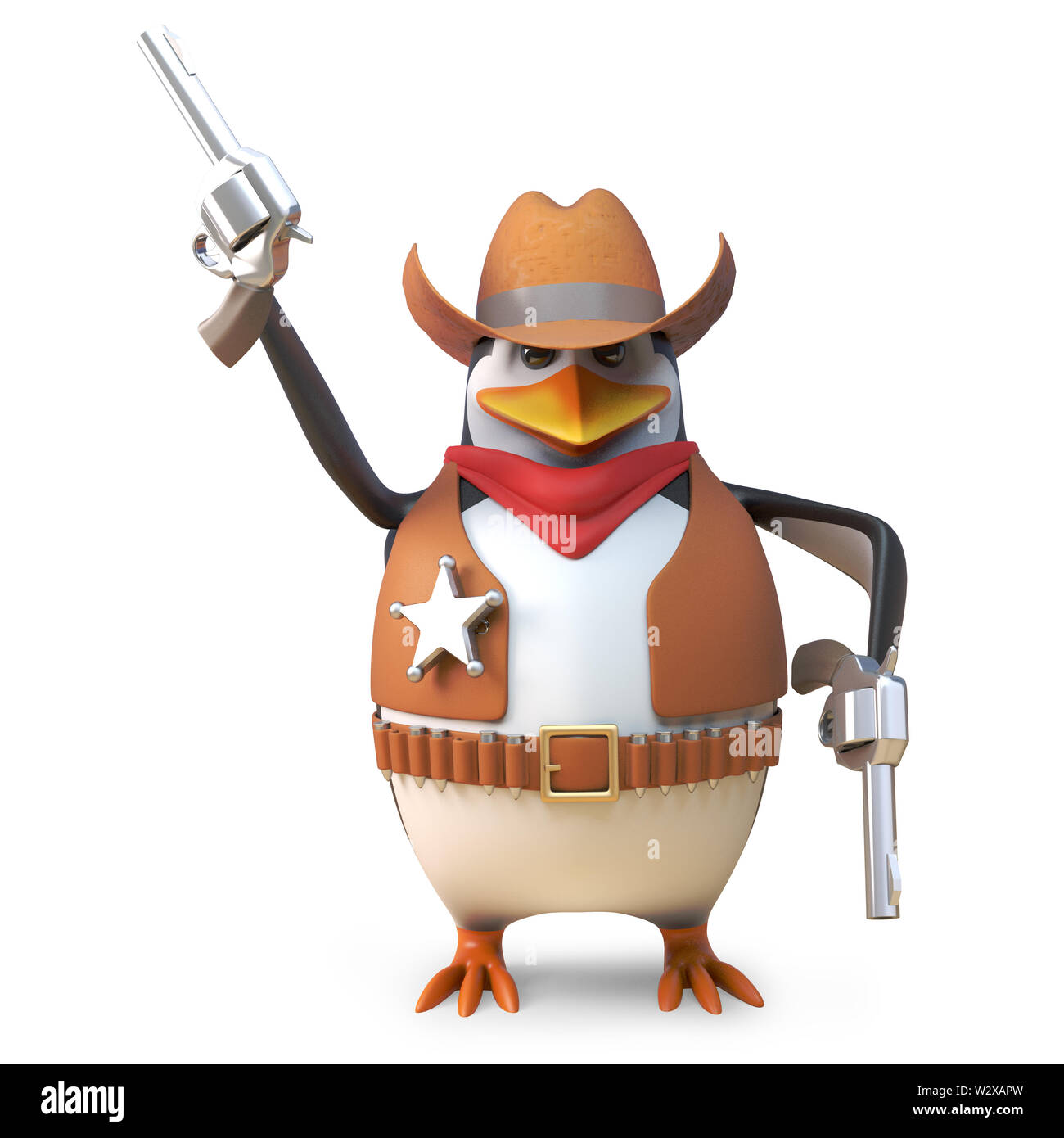 Sheriff penguin brave western cowboy incendi la sua pistola in aria, 3D render illustrazione Foto Stock