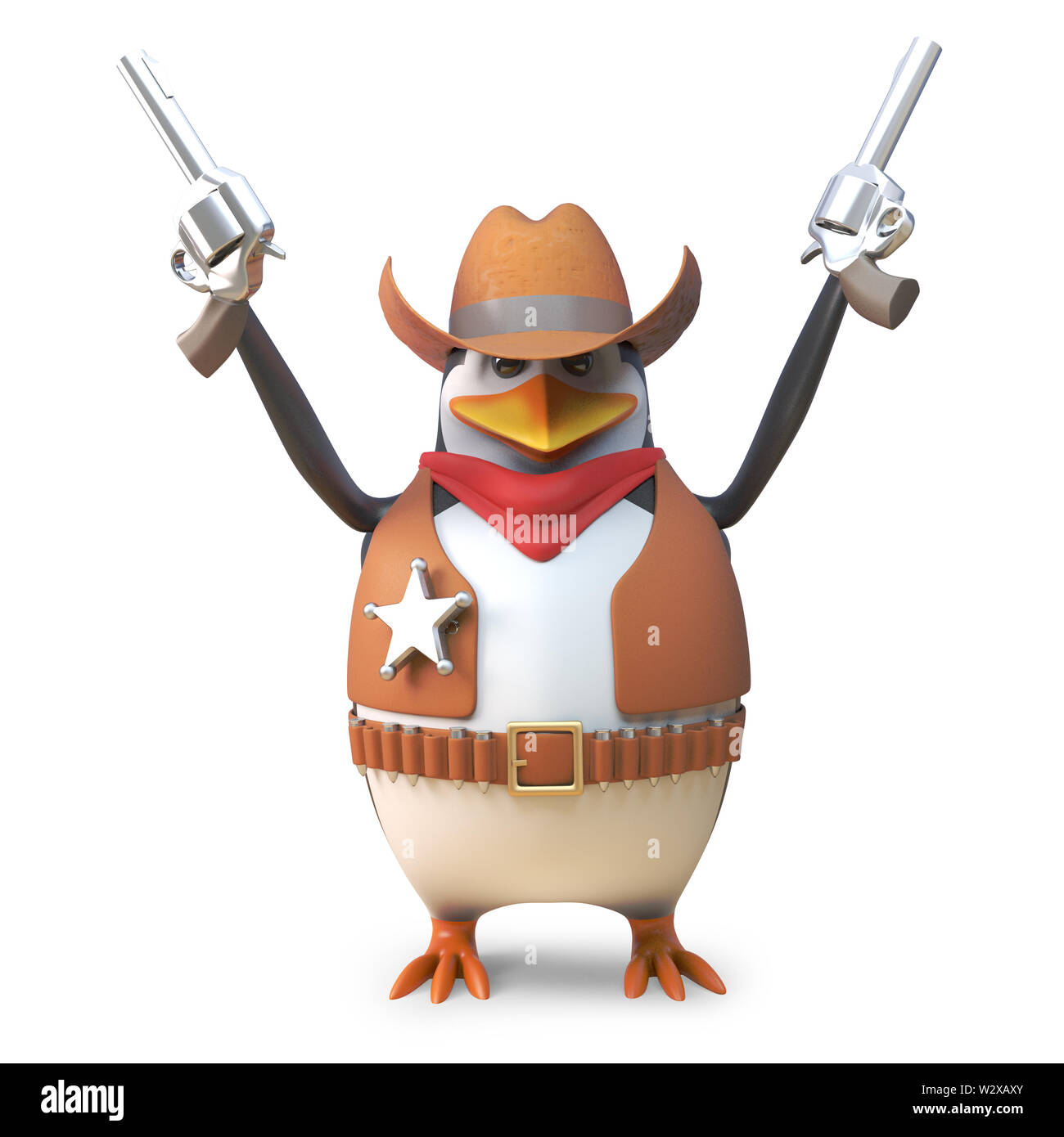 Sheriff penguin brave cowboy western con la cottura entrambe le sue pistole in aria, 3D render illustrazione Foto Stock
