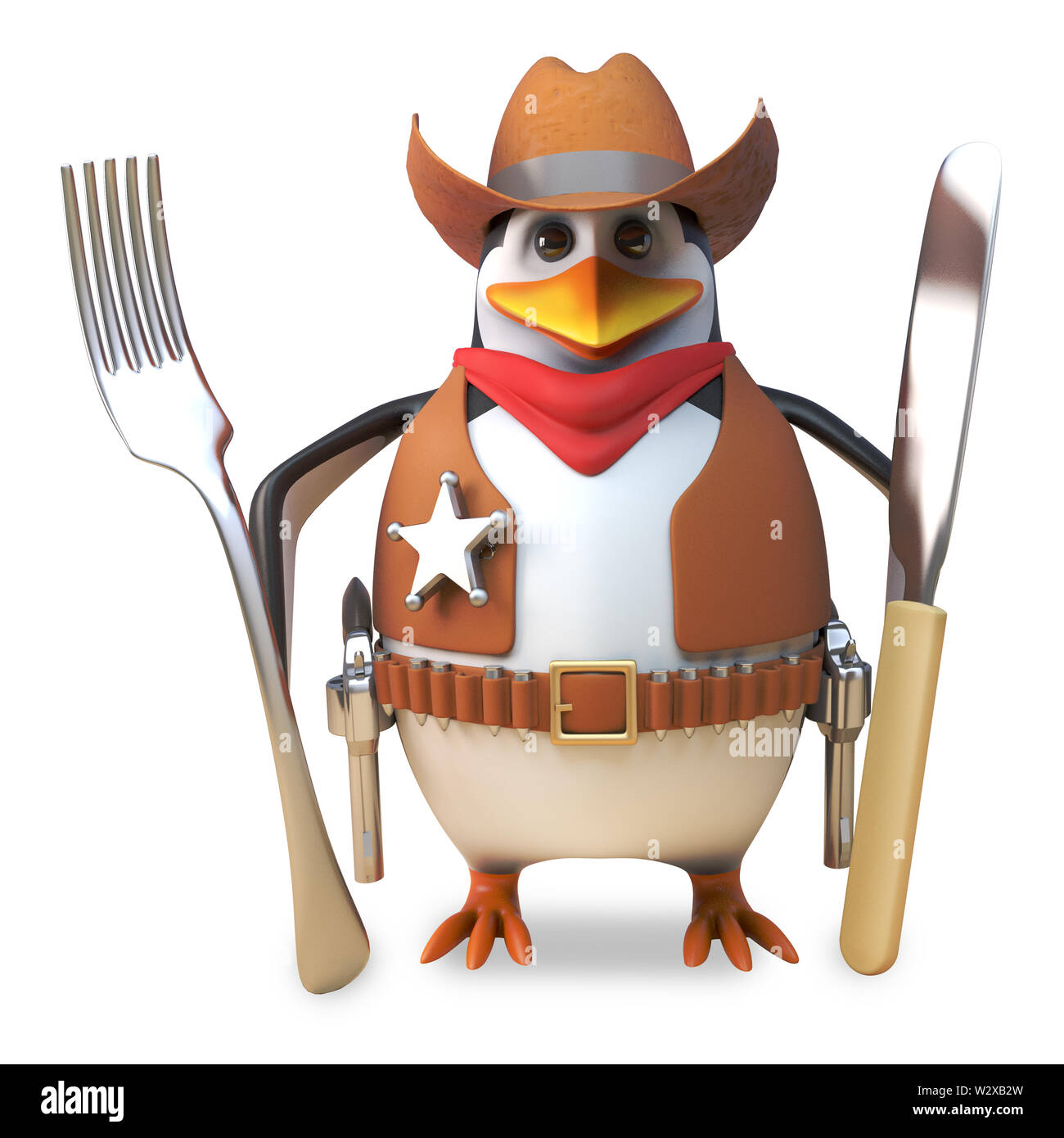 Fame sheriff penguin brave cowboy è affamato e mantiene il suo coltello e forchetta pronto, 3D render illustrazione Foto Stock