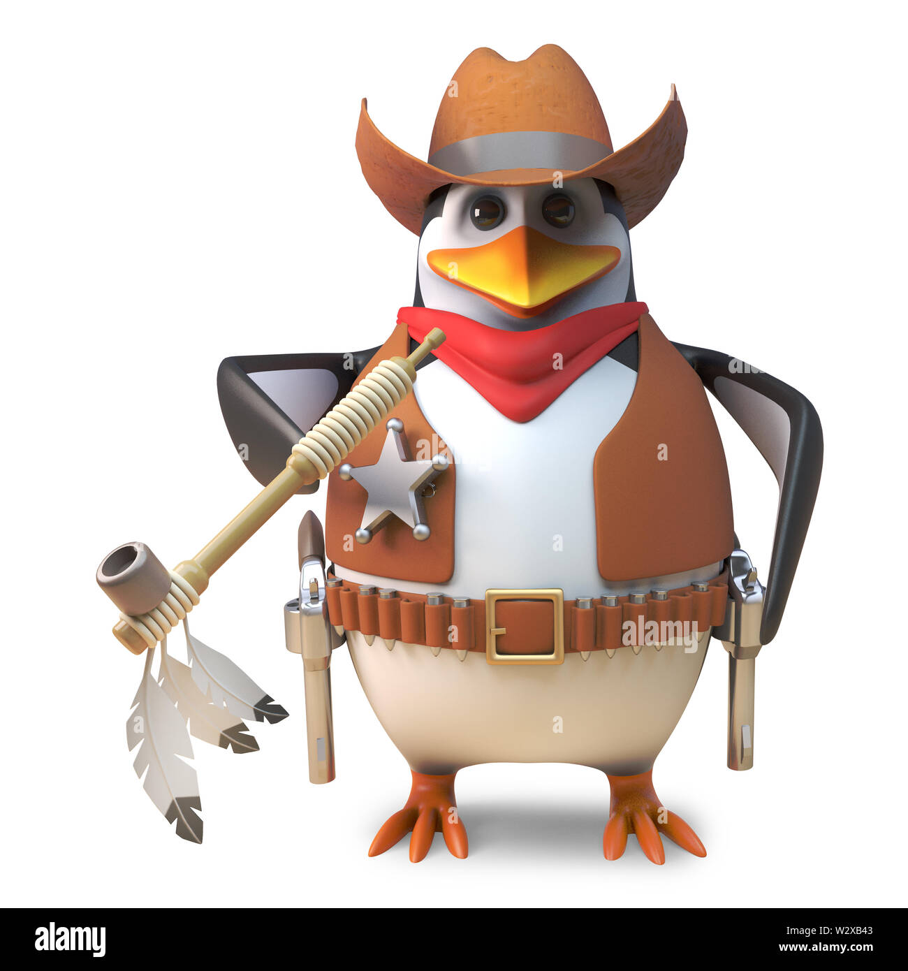 Brave penguin sheriff lone cowboy fuma su una tubazione di pace, 3D render illustrazione Foto Stock