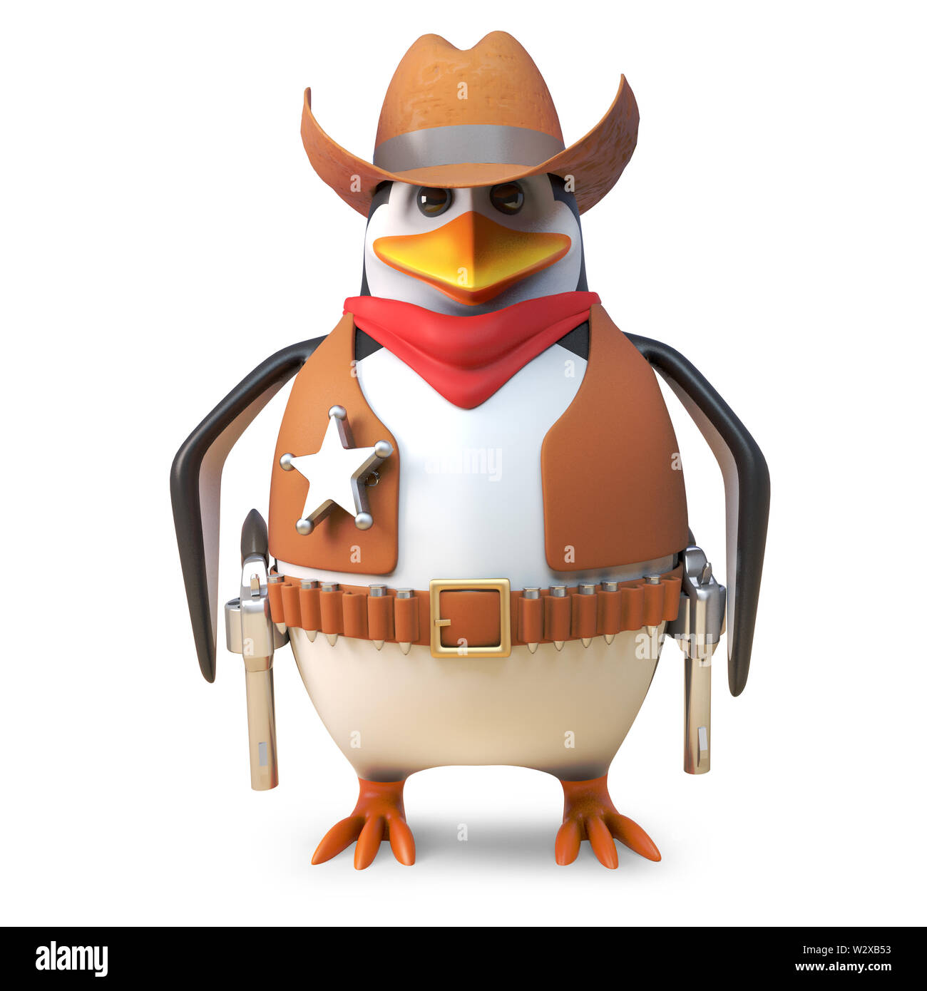 Calma sheriff penguin lone cowboy è pronta per nulla, 3D render illustrazione Foto Stock