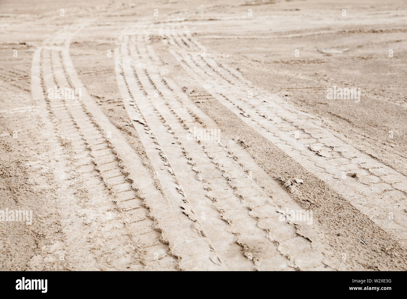 Tracce di pneumatici su umido bianco terreno sabbioso, off-road trasporto texture di sfondo Foto Stock