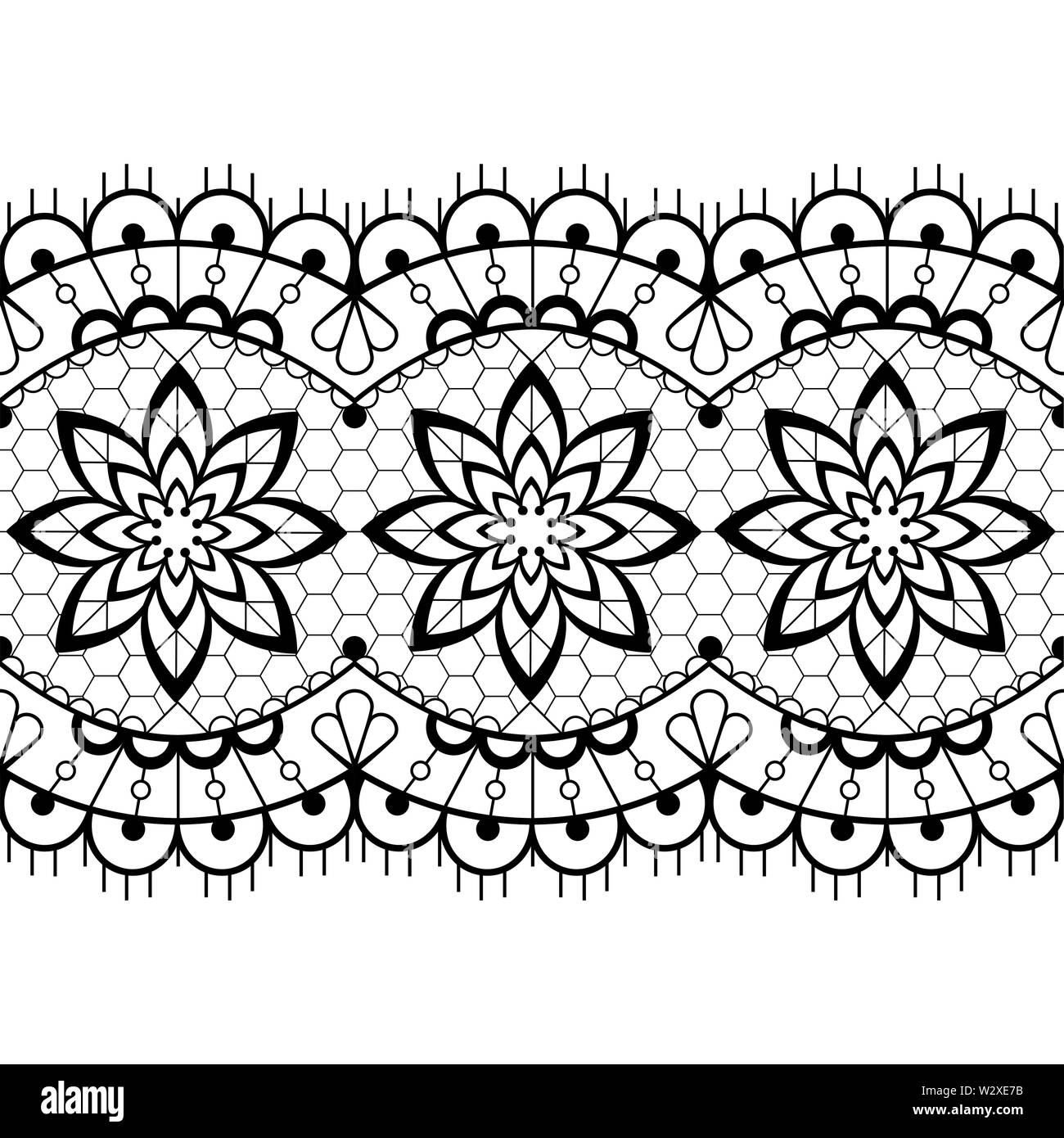 Retrò pizzo senza giunture Disegno vettoriale - bianco e nero vettore dettagliate di nozze pattern in pizzo con fiori e volute, ornamento simmetrica Illustrazione Vettoriale