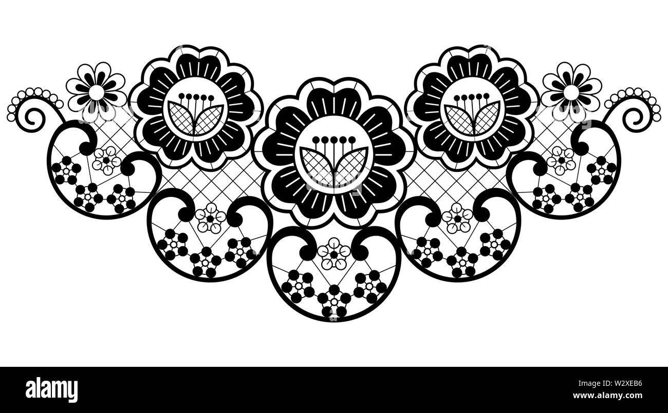 Applicazione di pizzo motof vettore, motivo ornamentale con rose e fiori e volute, dettagliata pizzi design in nero su bianco bakground Illustrazione Vettoriale