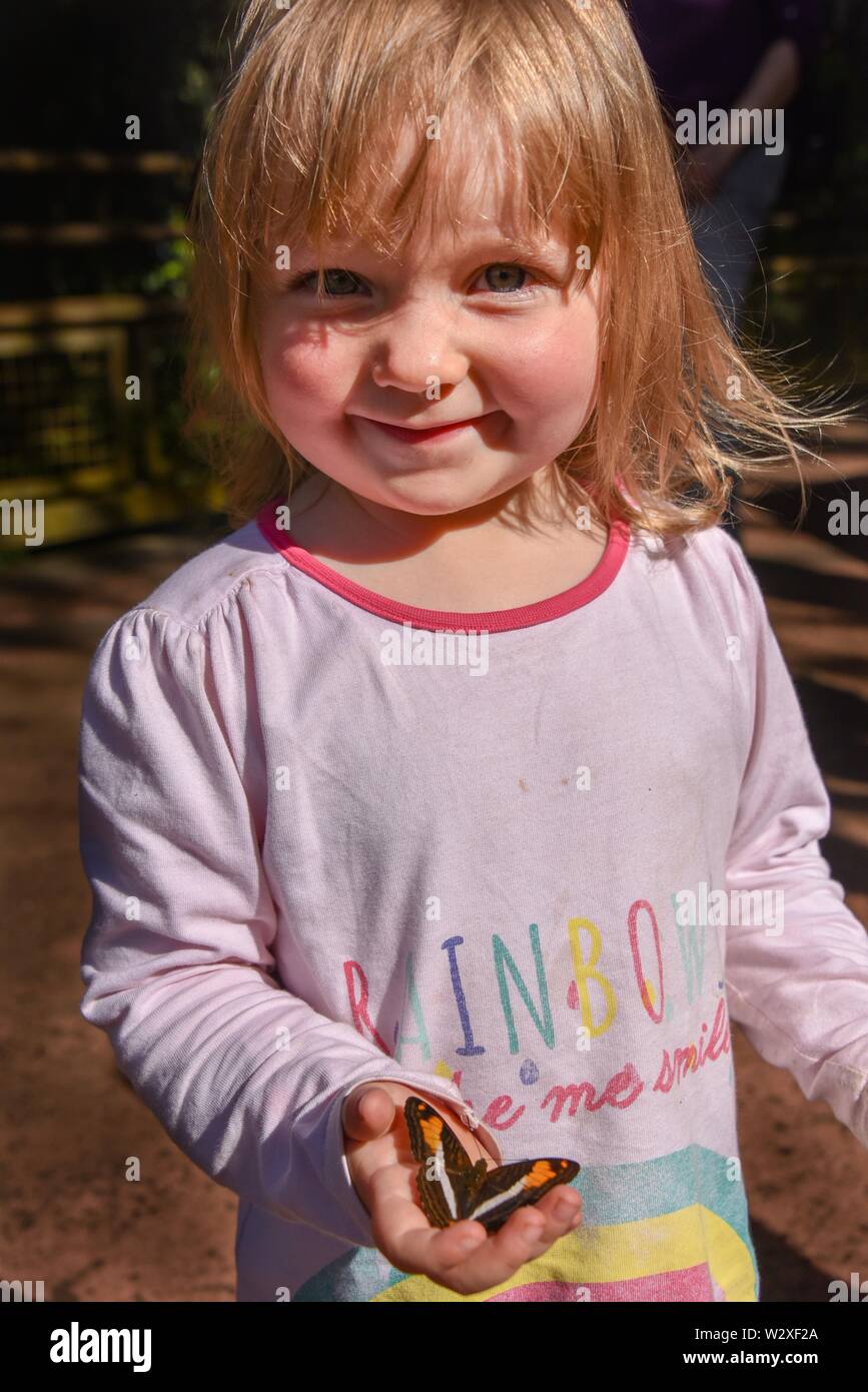 Bambina con una farfalla sulla sua mano, Puerto Iguazú, in Argentina Foto Stock