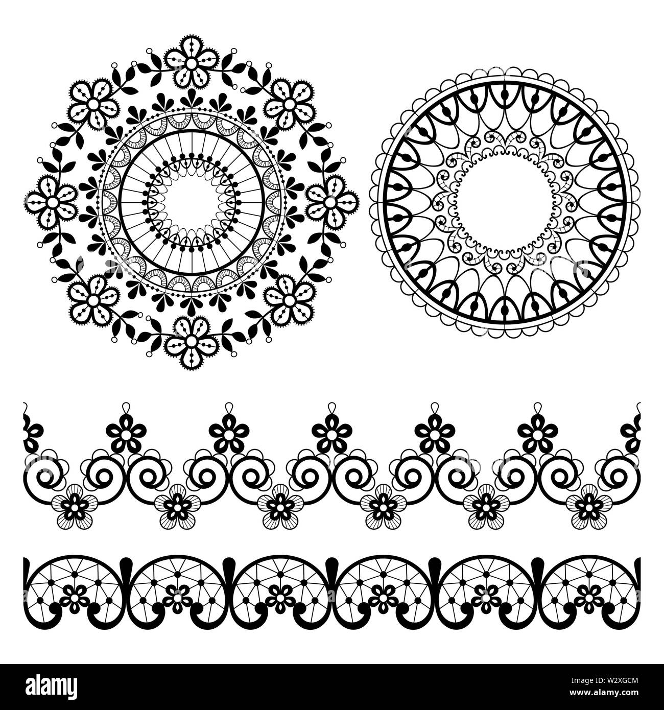 Mandala pizzo disegno vettoriale e la perfetta pizzi design collection, ornamenti Retrò design con fiori e volute in nero su sfondo Illustrazione Vettoriale