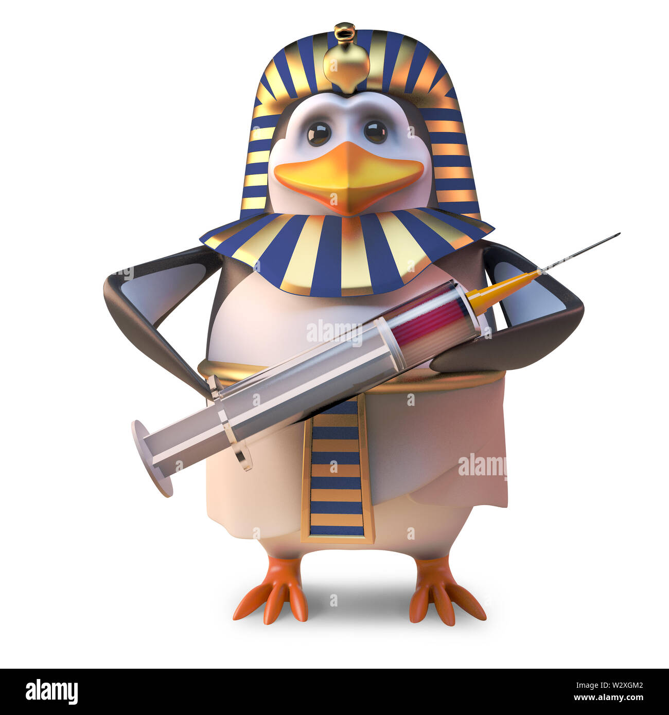 Cool antica dei Pinguini Pinguini il faraone Tutankhamon tenendo una siringa, 3D render illustrazione Foto Stock