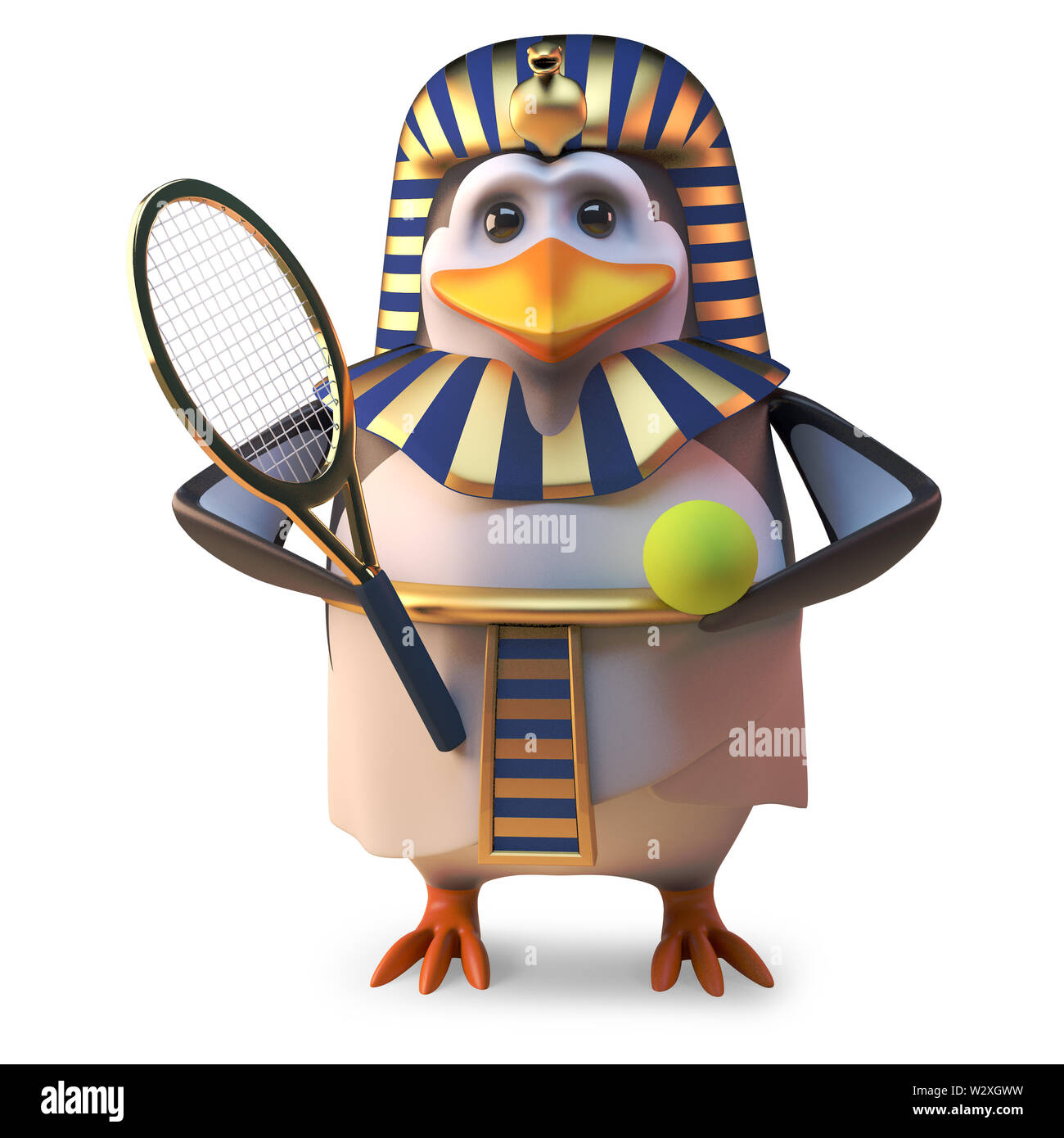 Pinguino attiva il faraone Tutankhamon gioca tennis tutto il tempo, 3D render illustrazione Foto Stock