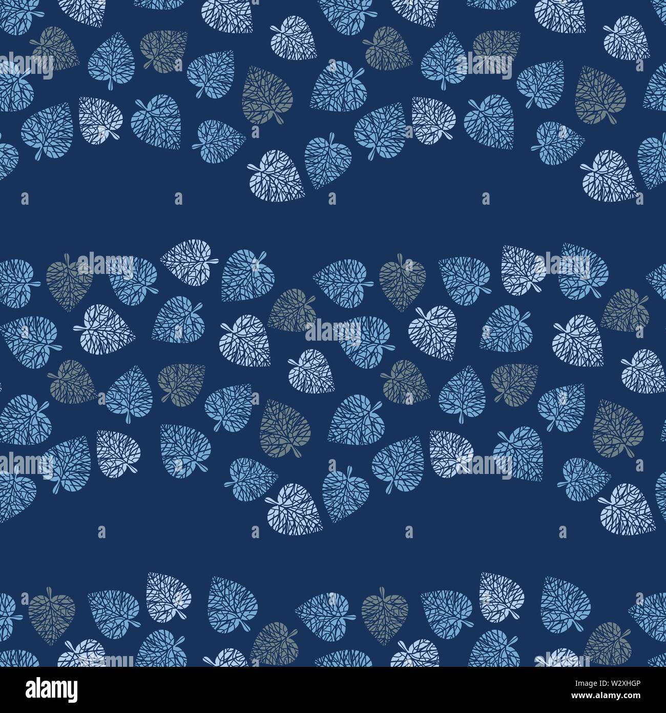 Vettore di seamless pattern con foglie blu formando strisce ondulate su sfondo scuro Illustrazione Vettoriale