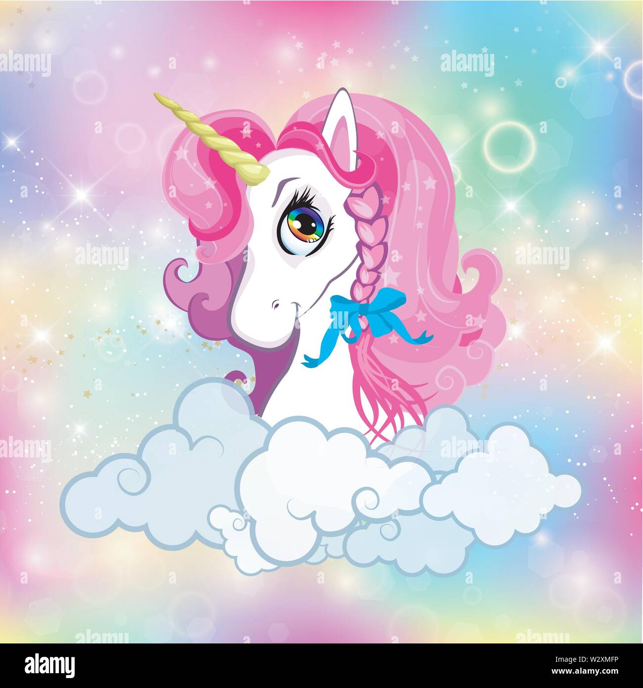 Unicorn testa con rosa mane ritratto in bright rainbow kawaii universo spazio o cielo sfondo olografico con nuvole, magic sparkles, stelle, sfocature Illustrazione Vettoriale