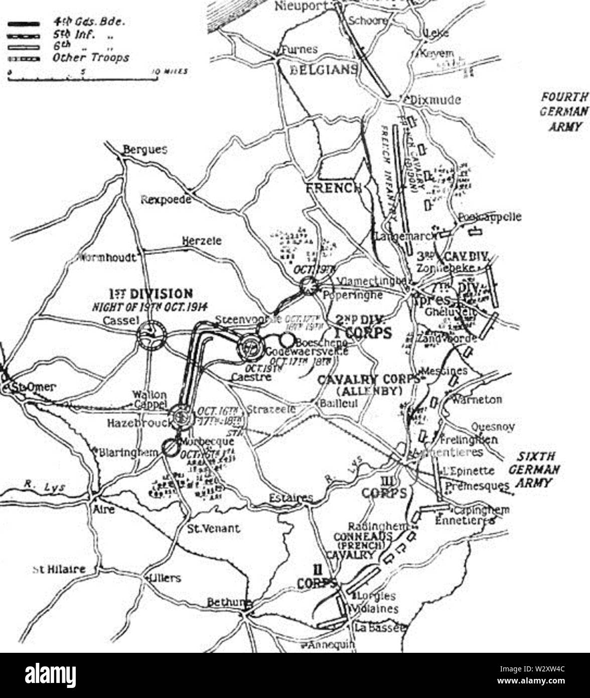 Le posizioni di alleati e eserciti tedeschi, 19 Ottobre 1914 Foto Stock