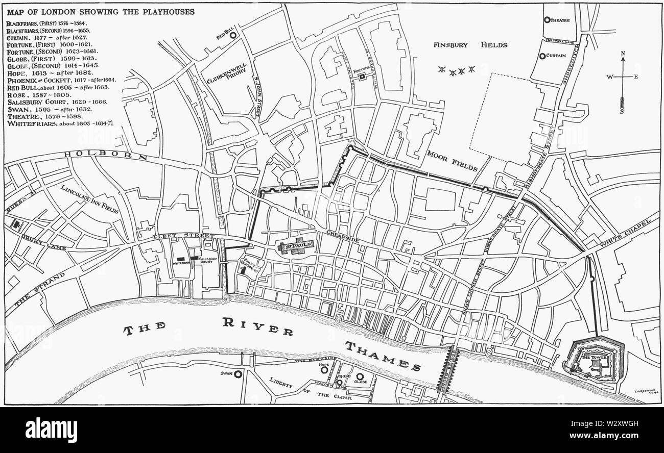 Mappa di Londra che mostra Shakesperiano teatri Foto Stock